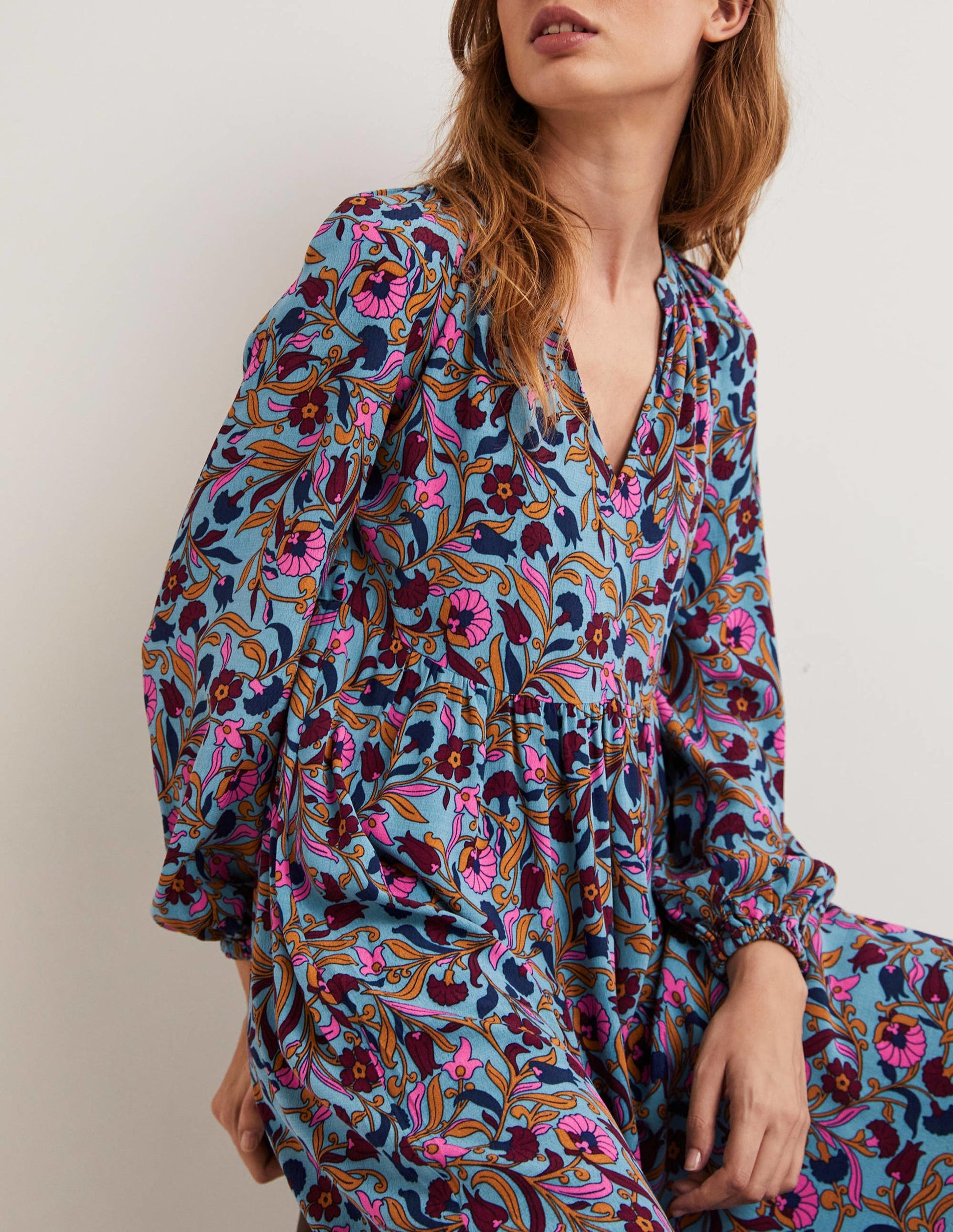 Printed Notch Neck Maxi Dress-Mid Blue, Enchanting Vine-3