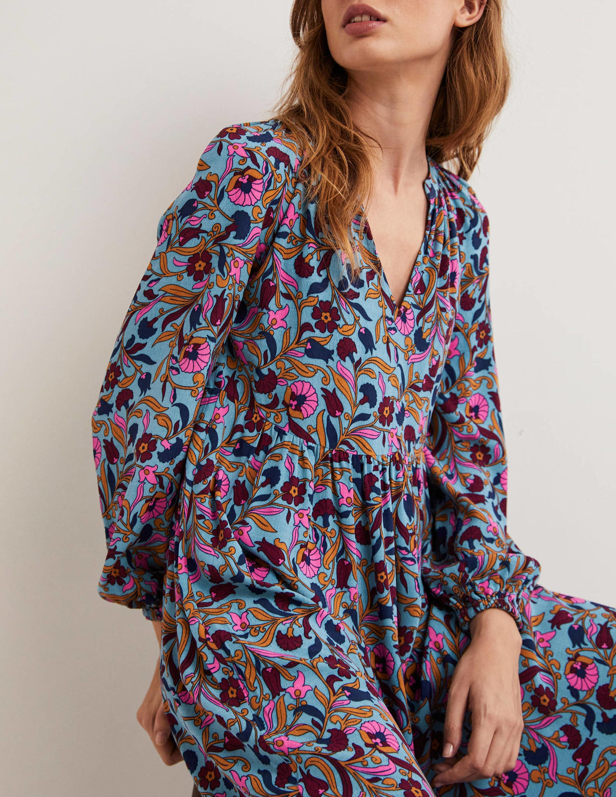 Printed Notch Neck Maxi Dress-Mid Blue, Enchanting Vine - Image 3