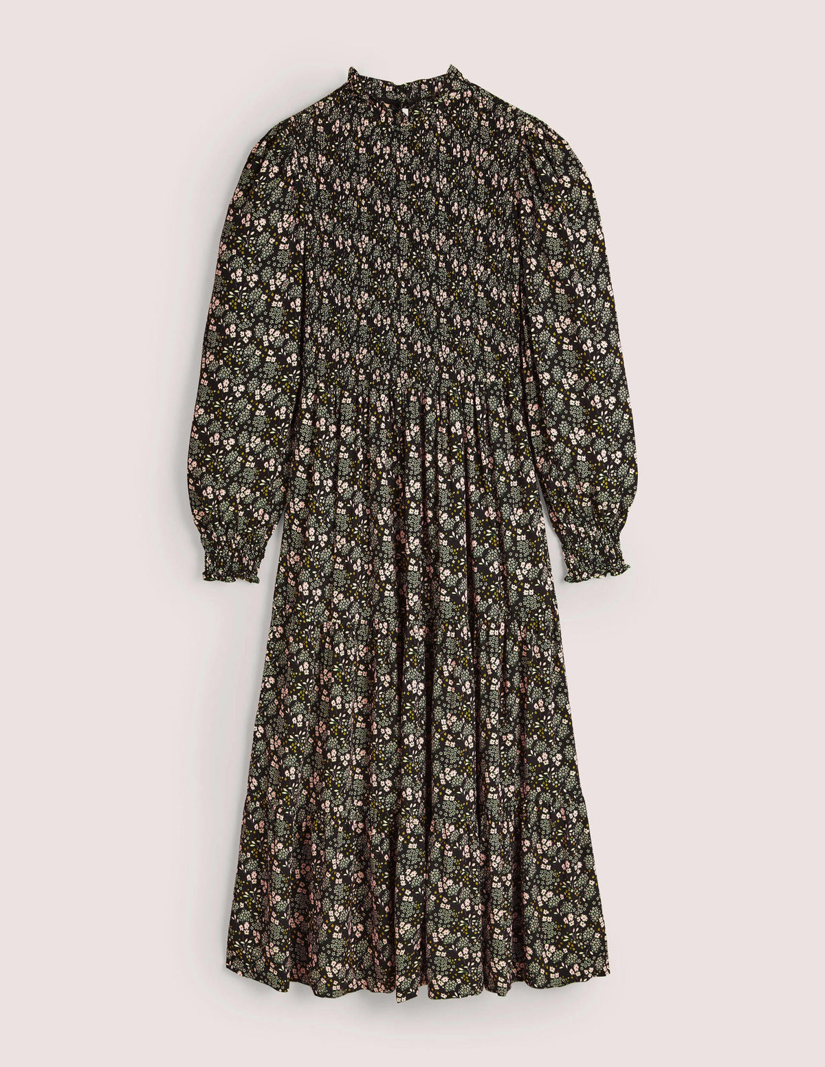 Smocked Tiered Midi Dress-Black, Prairie Garden-7