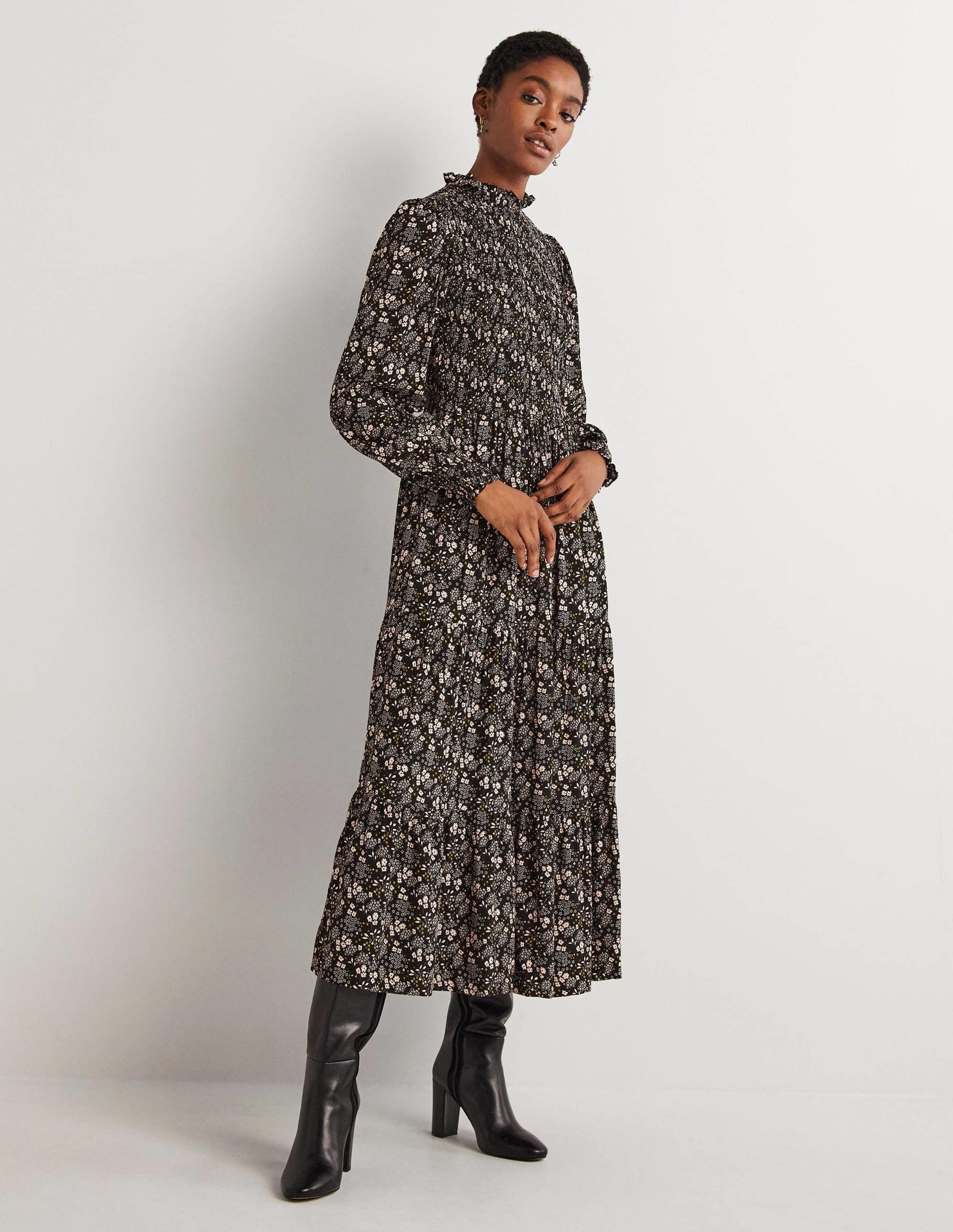 Smocked Tiered Midi Dress-Black, Prairie Garden-1