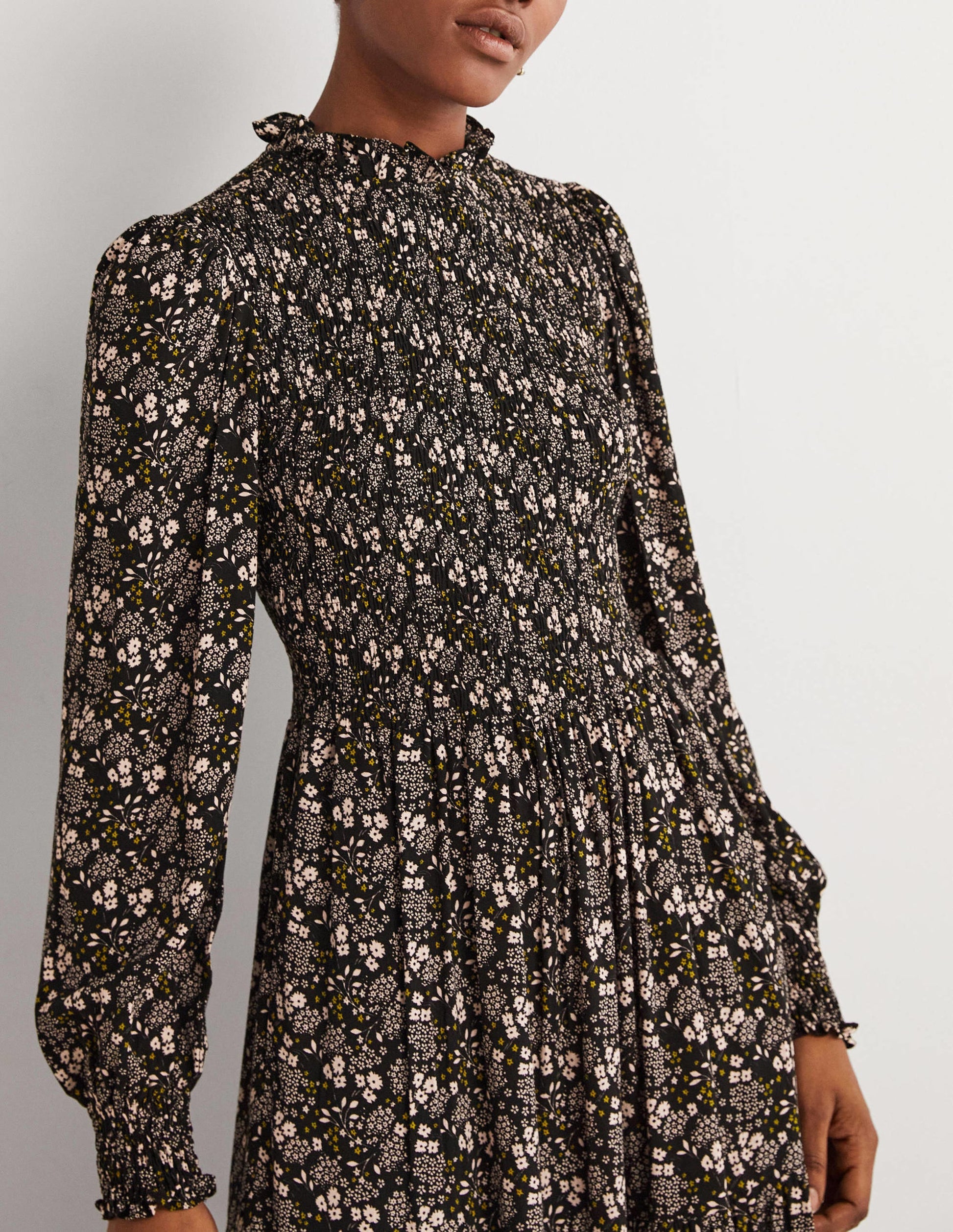 Smocked Tiered Midi Dress-Black, Prairie Garden-2