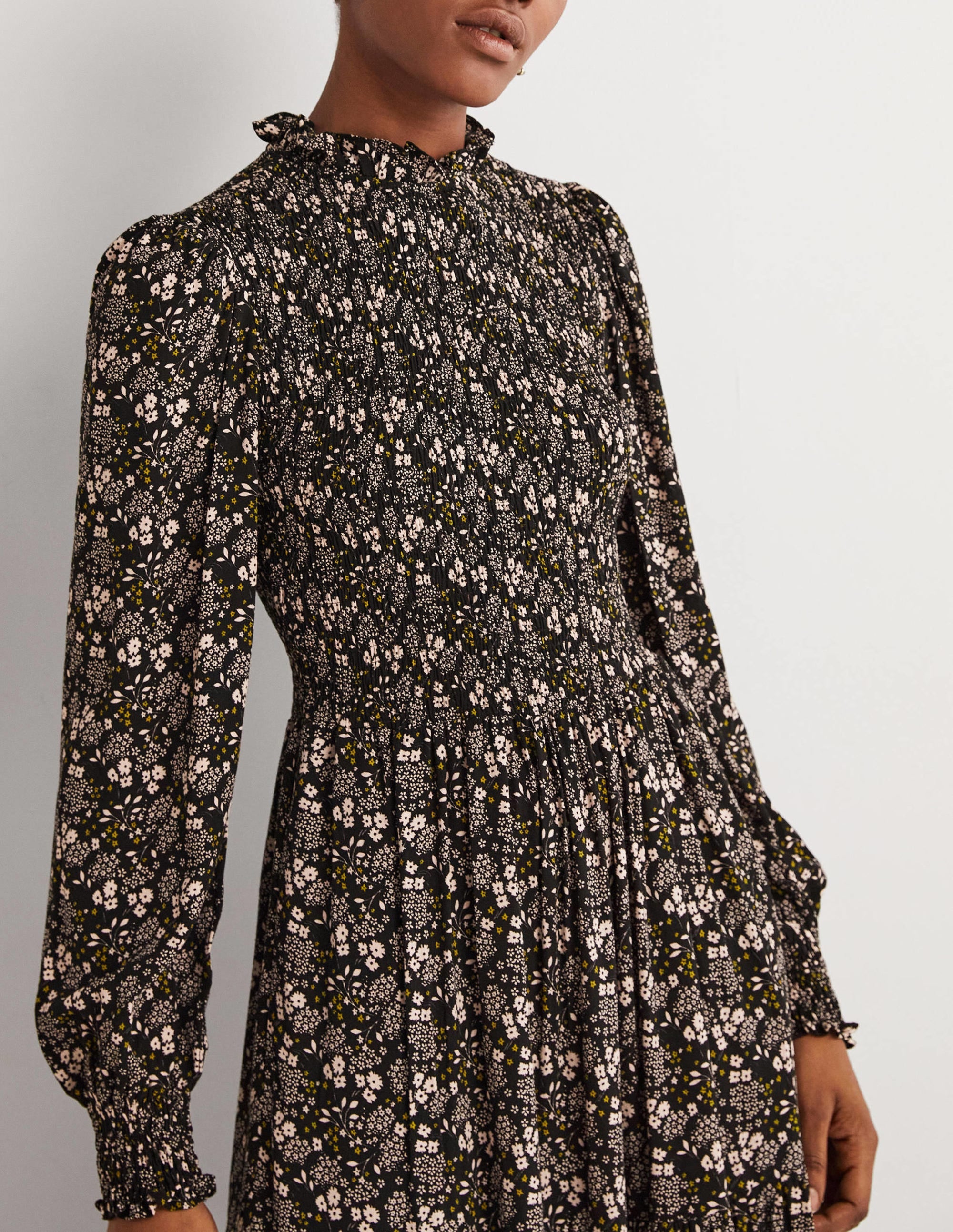 Smocked Tiered Midi Dress-Black, Prairie Garden - Image 2