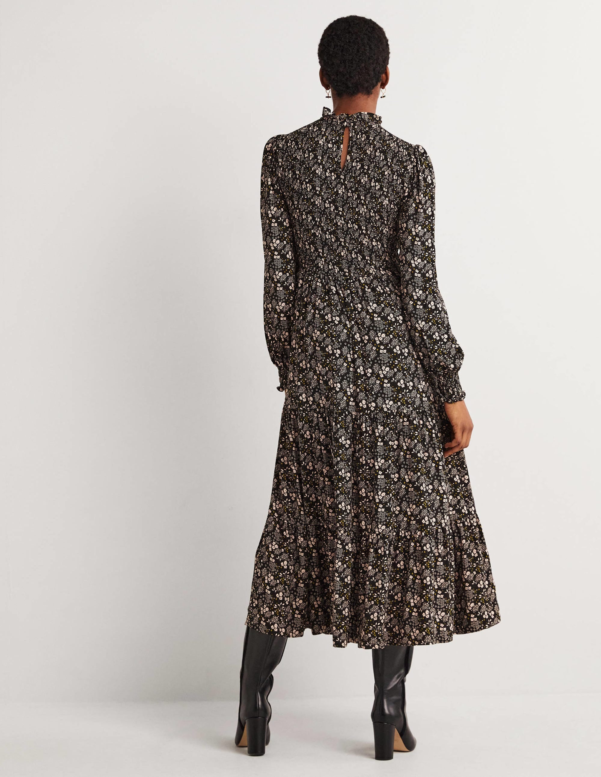 Smocked Tiered Midi Dress-Black, Prairie Garden - Image 3