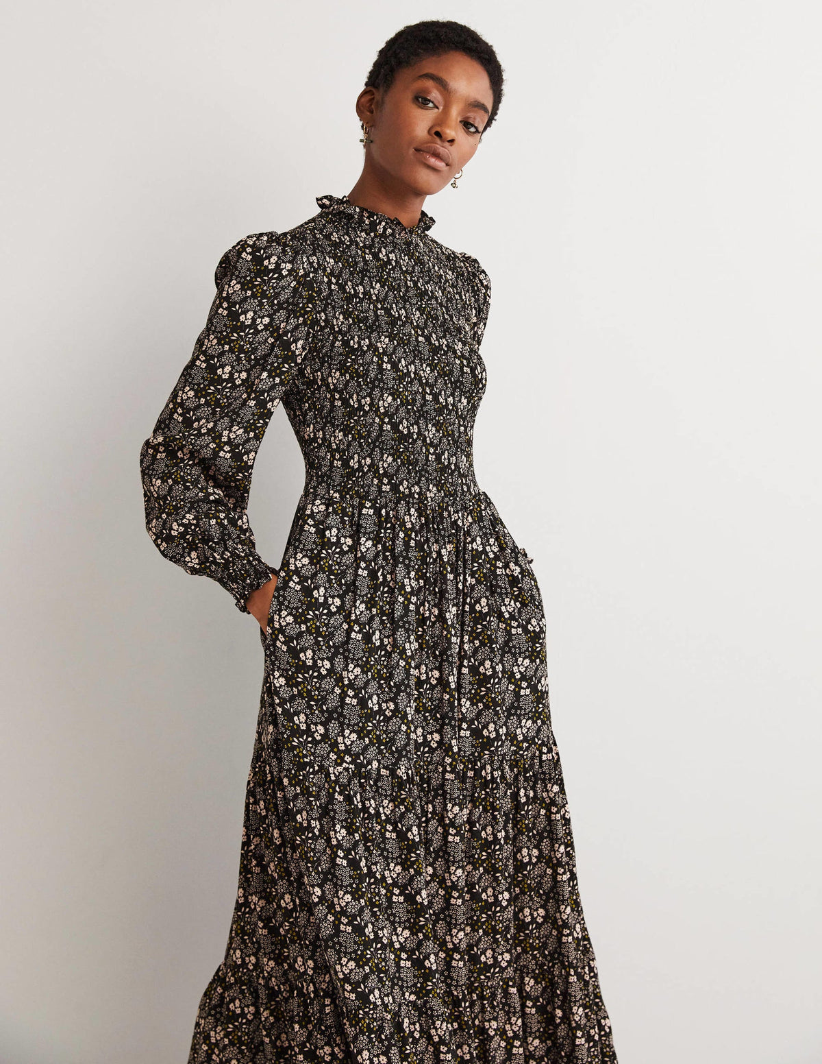 Smocked Tiered Midi Dress-Black, Prairie Garden-4
