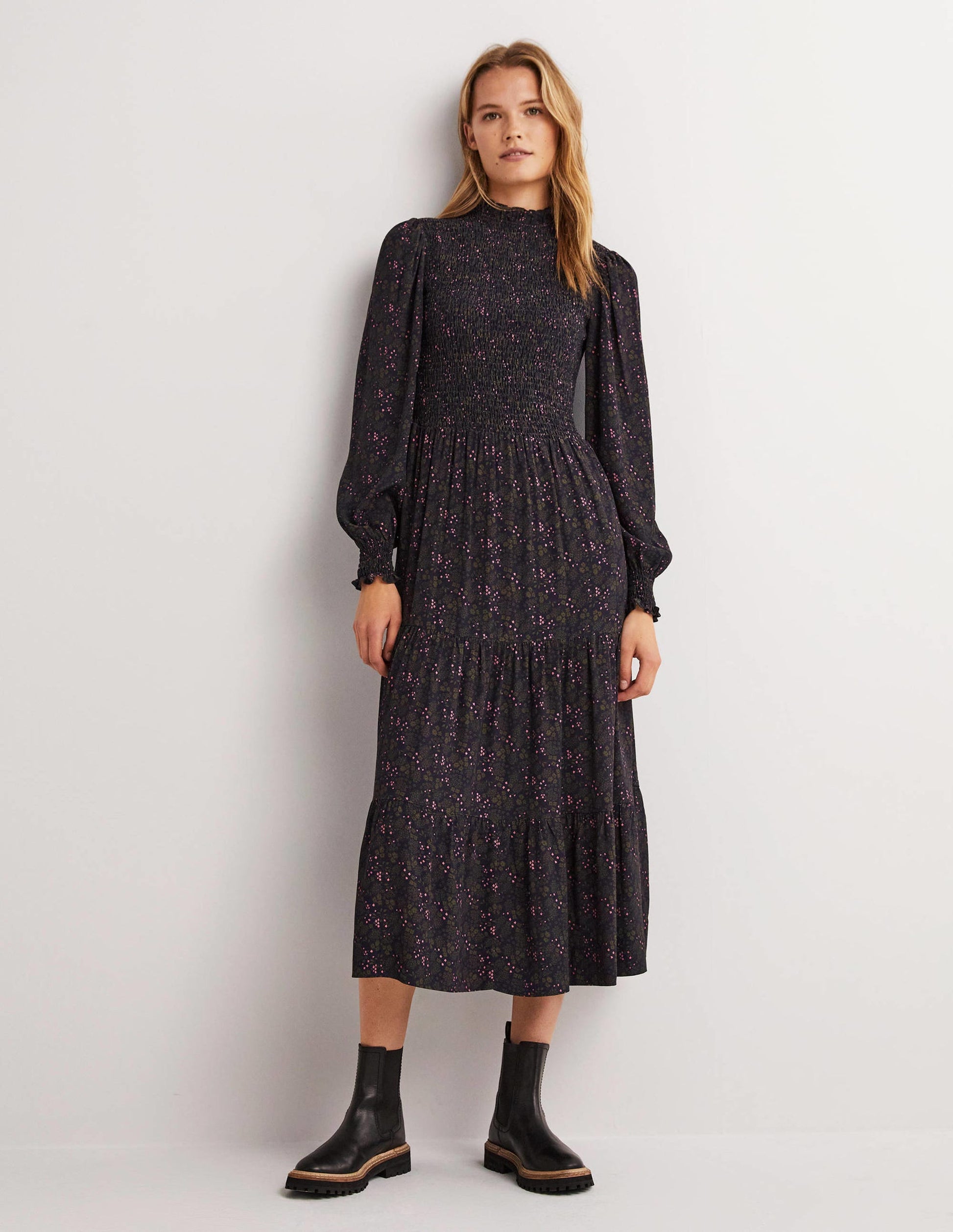 Smocked Tiered Midi Dress-Navy, Prairie Garden-1