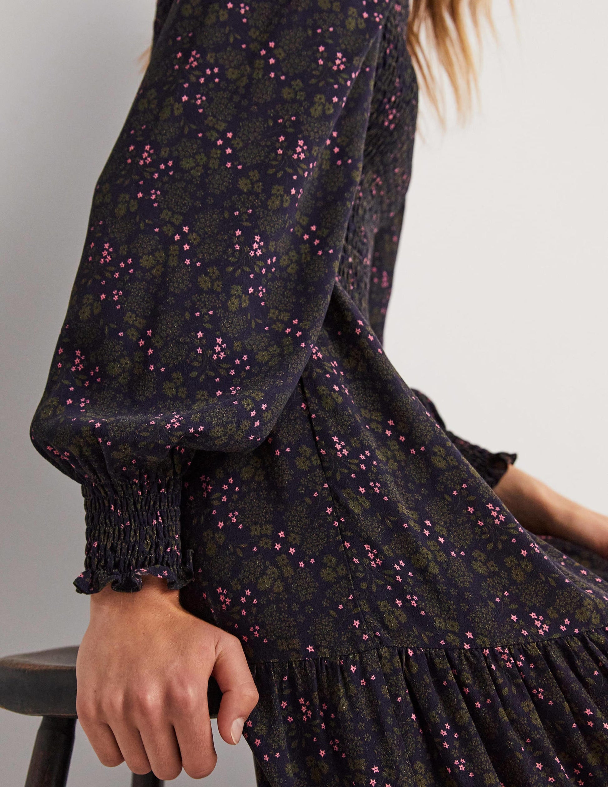 Smocked Tiered Midi Dress-Navy, Prairie Garden-2