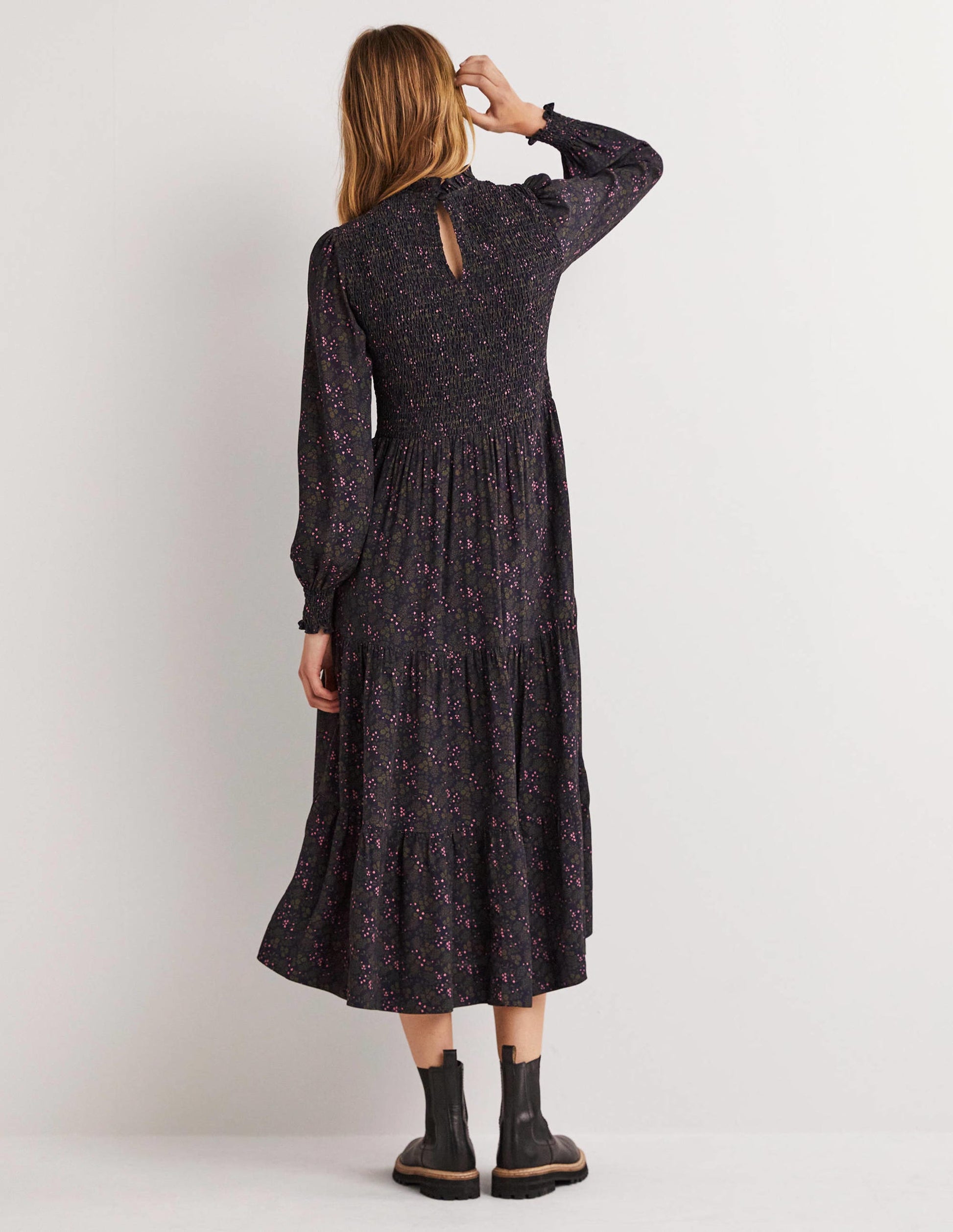 Smocked Tiered Midi Dress-Navy, Prairie Garden-3
