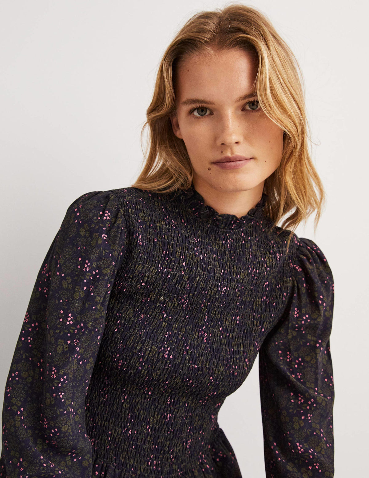 Smocked Tiered Midi Dress-Navy, Prairie Garden - Image 4