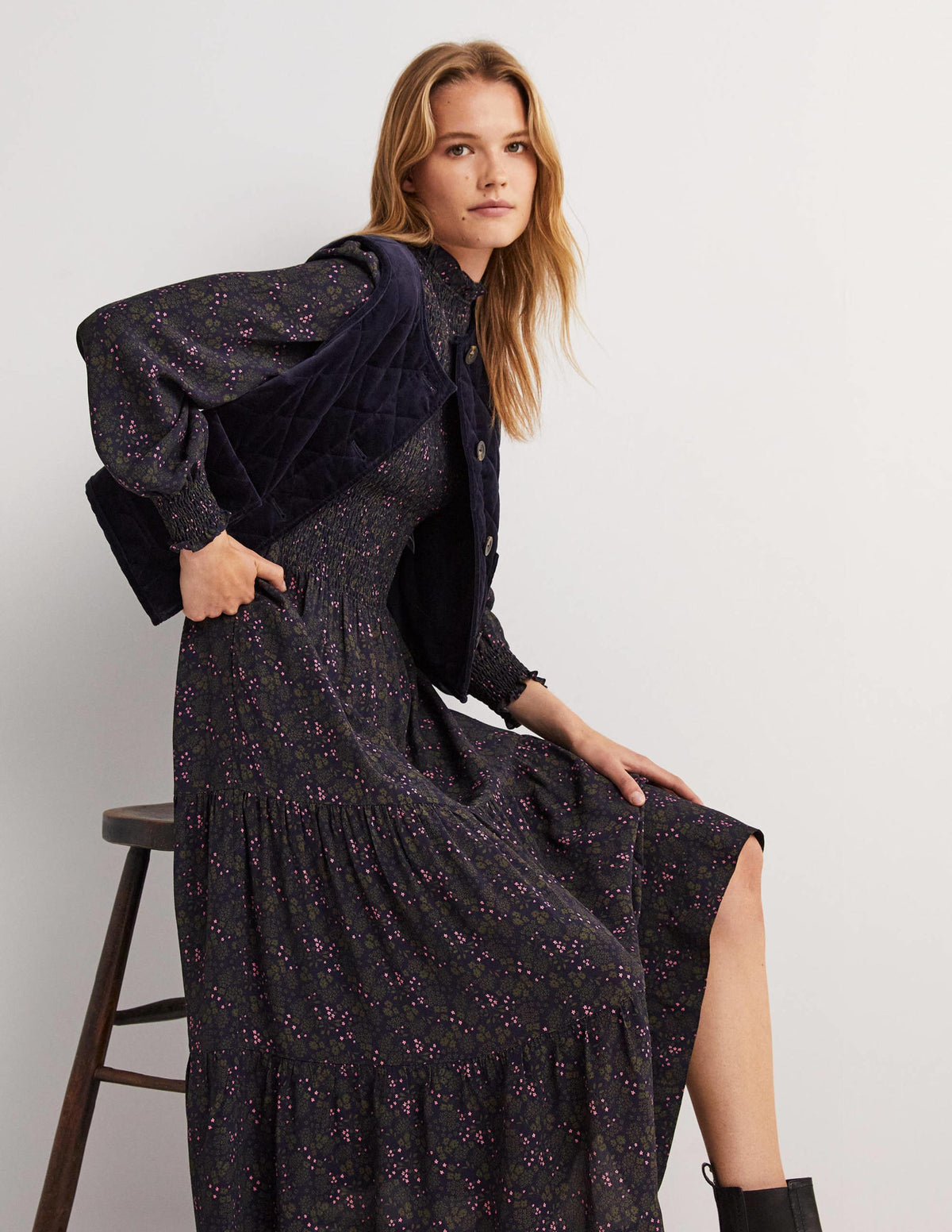Smocked Tiered Midi Dress-Navy, Prairie Garden - Image 5