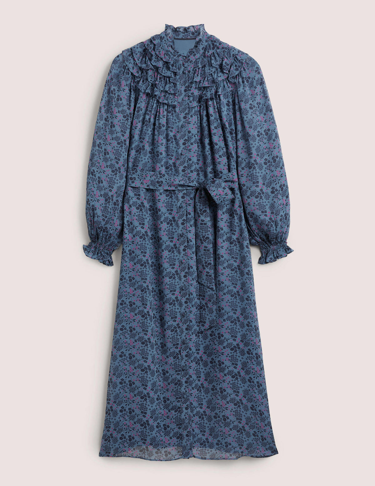 Ruffle Yoke Midi Shirt Dress-Mid Blue, Prairie Garden-7