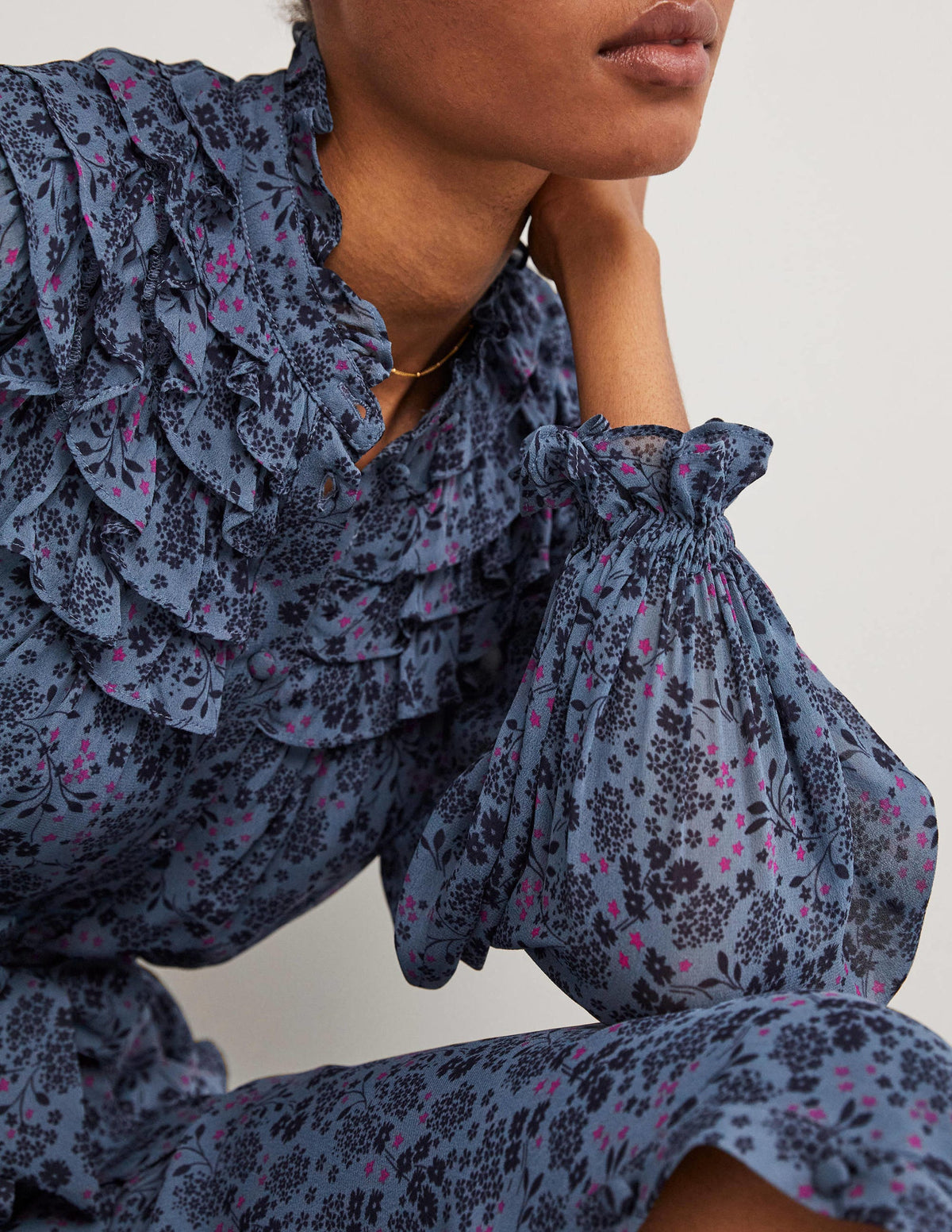 Ruffle Yoke Midi Shirt Dress-Mid Blue, Prairie Garden-2