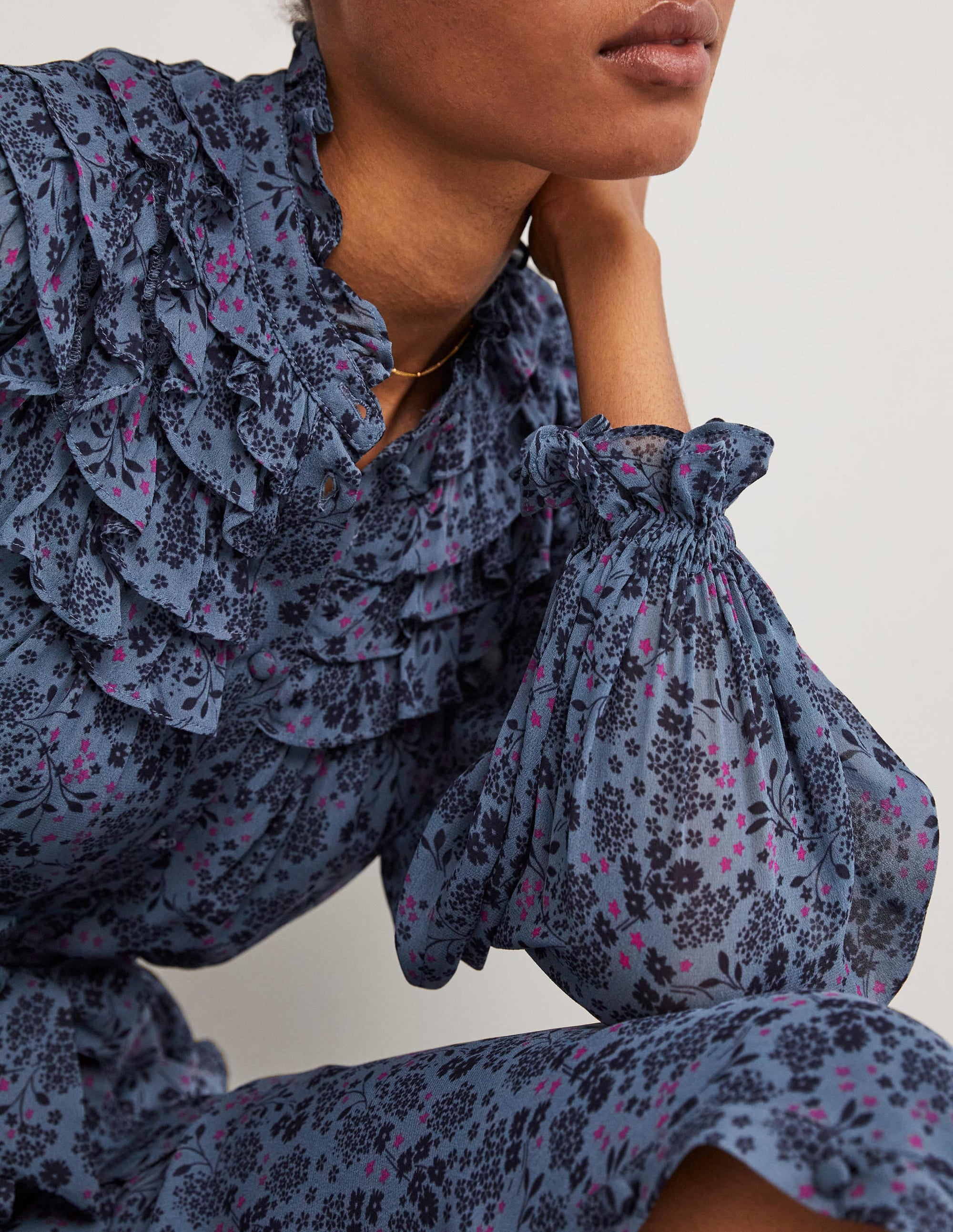Ruffle Yoke Midi Shirt Dress-Mid Blue, Prairie Garden - Image 2