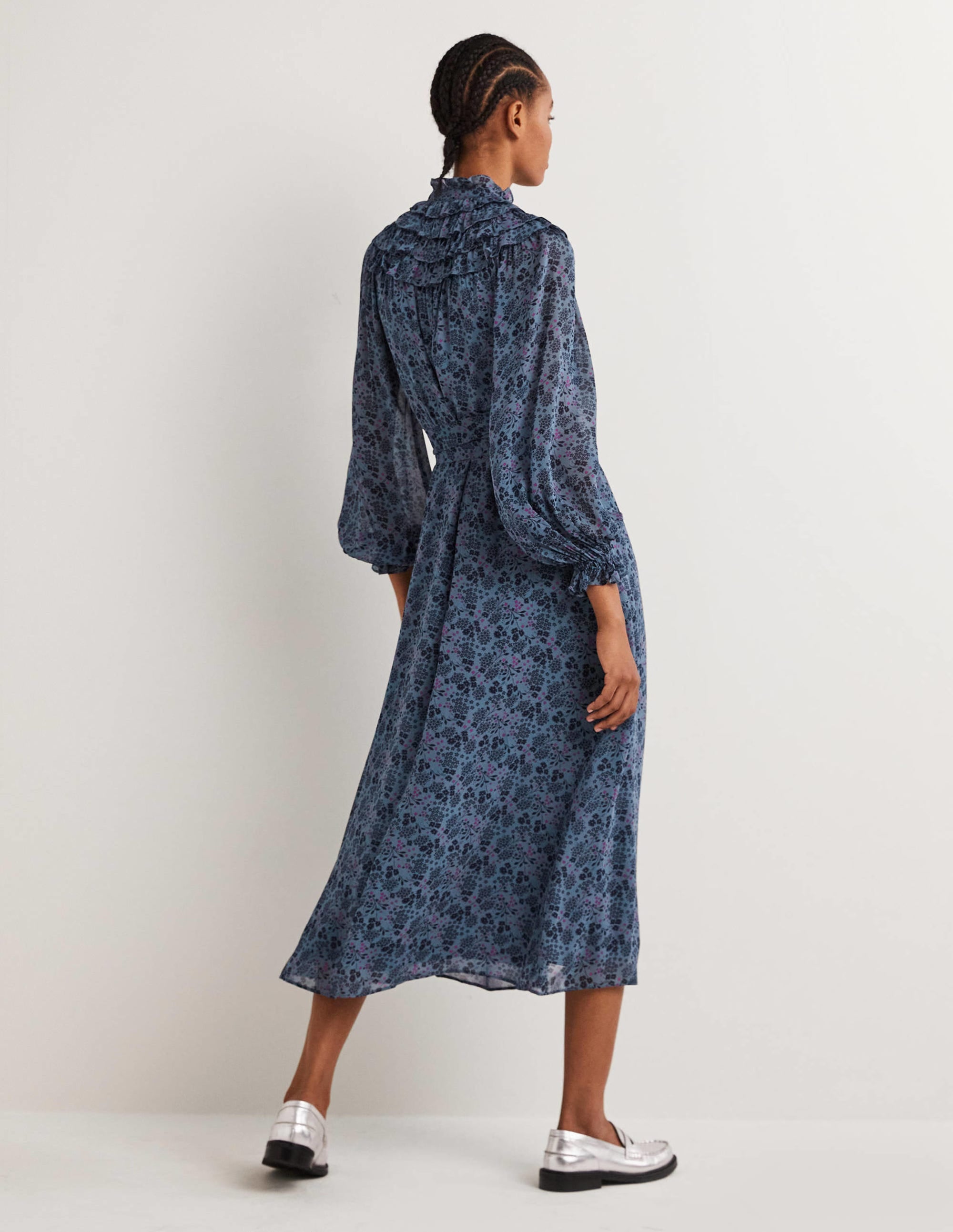 Ruffle Yoke Midi Shirt Dress-Mid Blue, Prairie Garden - Image 3