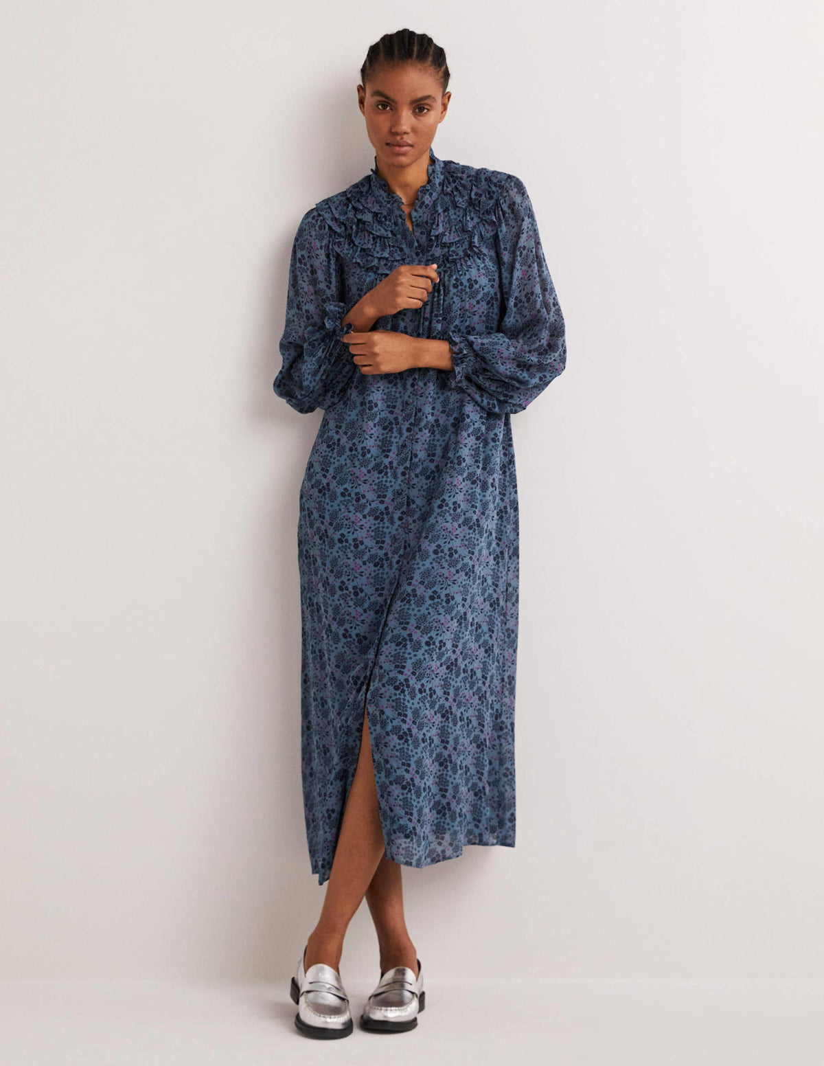 Ruffle Yoke Midi Shirt Dress-Mid Blue, Prairie Garden-4