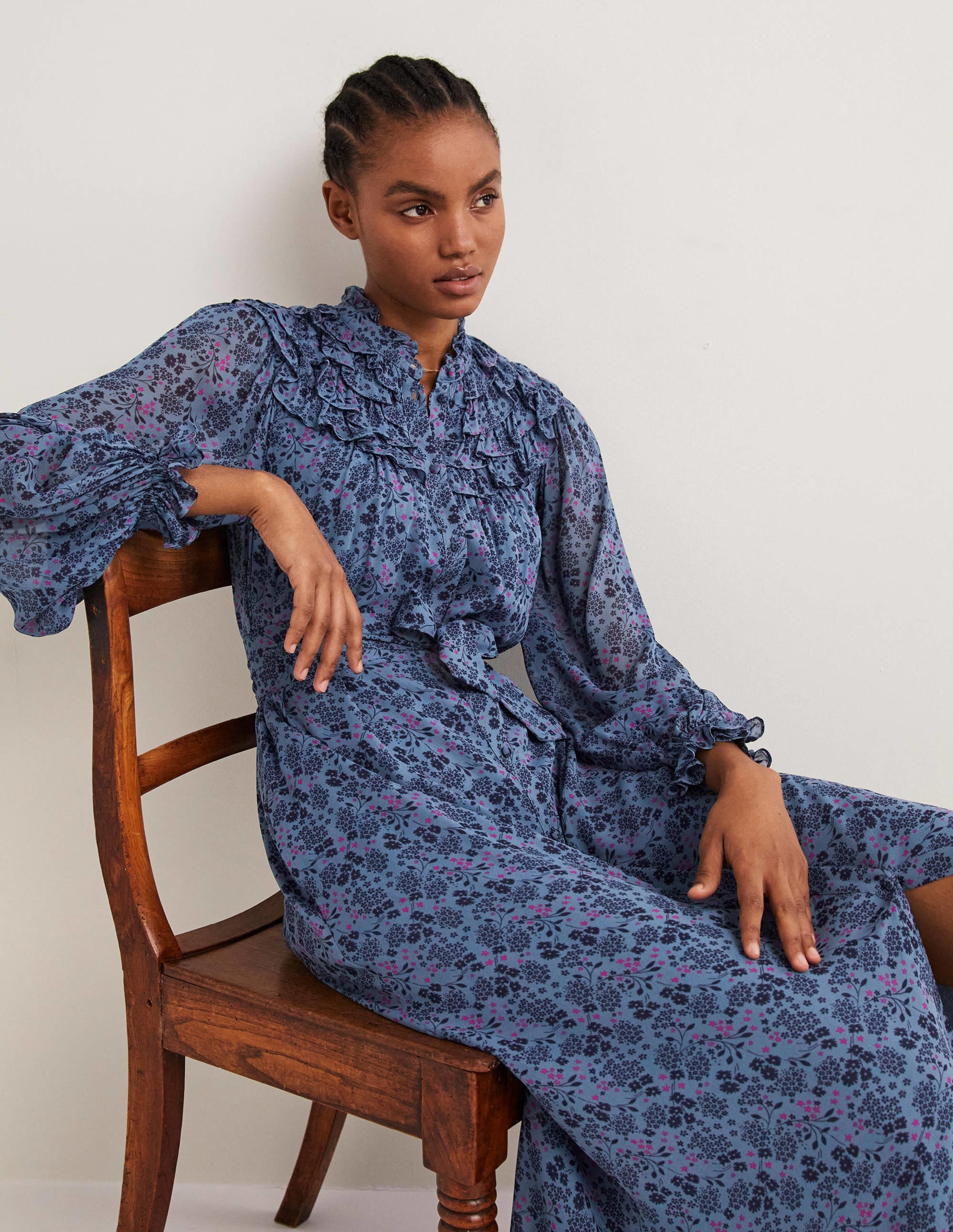 Ruffle Yoke Midi Shirt Dress-Mid Blue, Prairie Garden - Image 5