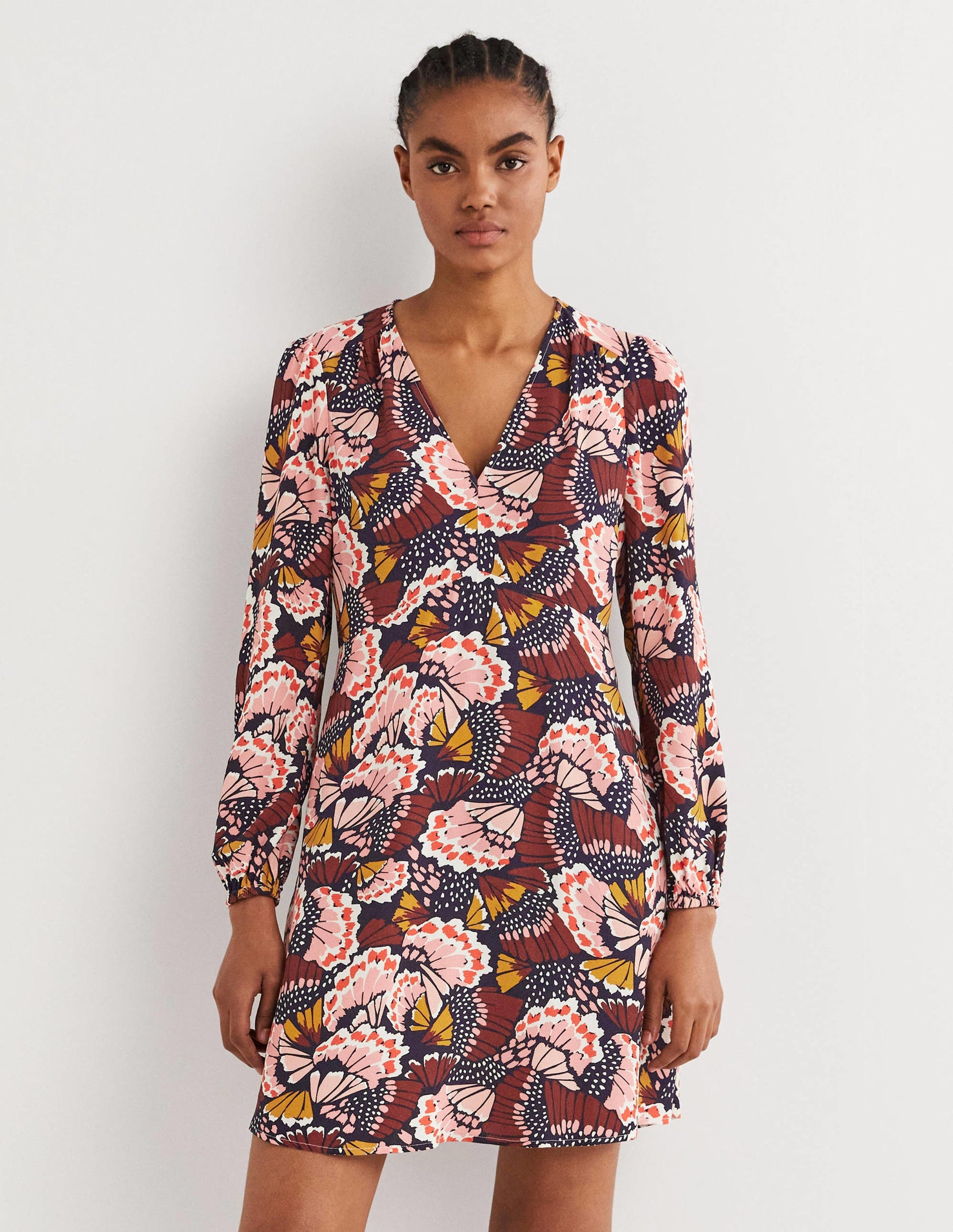 V-Neck Tea Dress-Multi, Petal Stamp-1