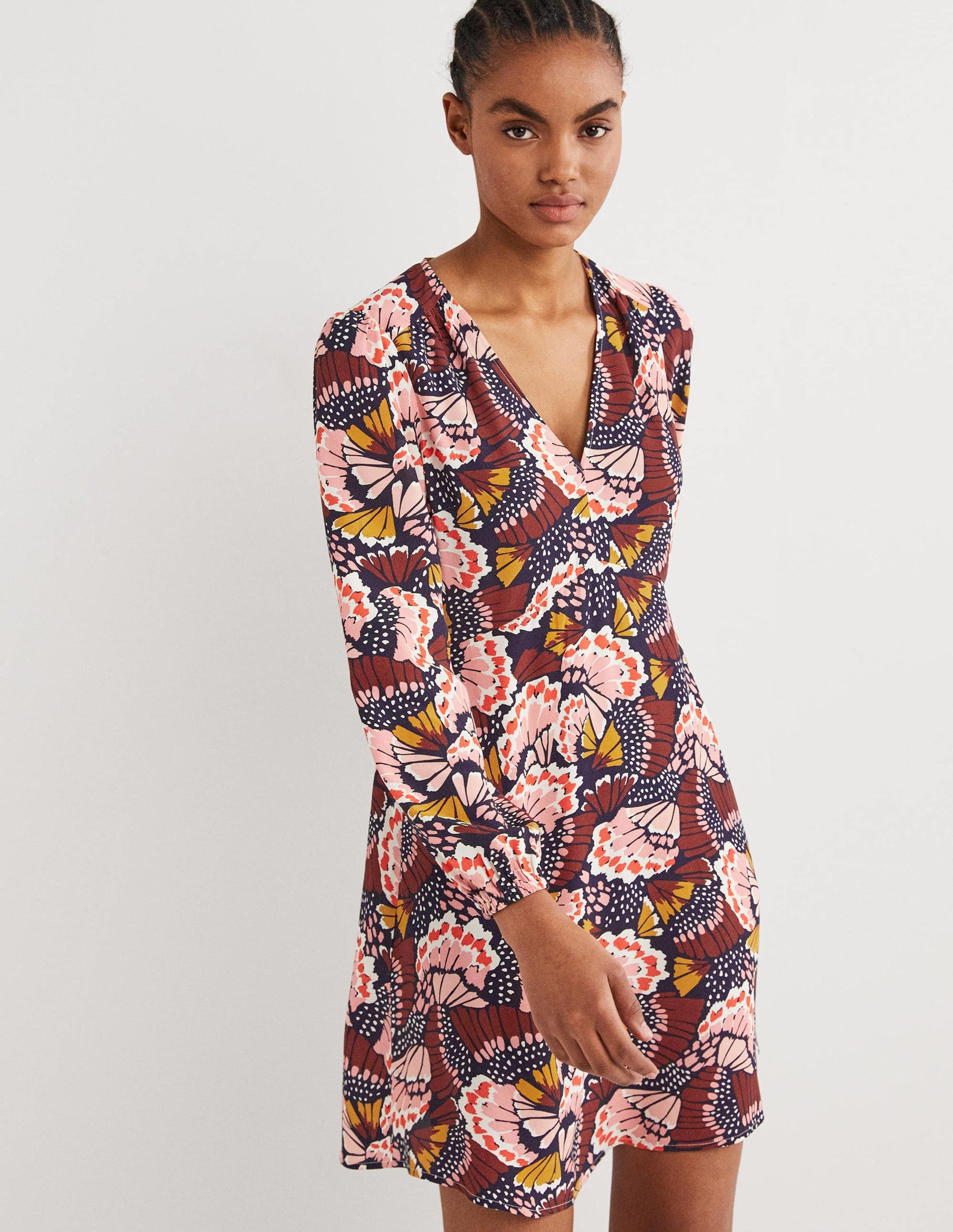 V-Neck Tea Dress-Multi, Petal Stamp-4