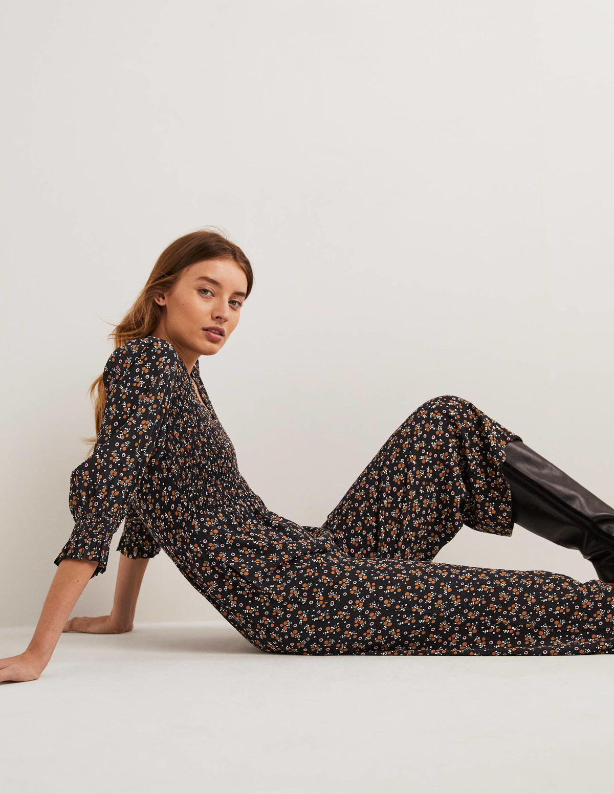 Smocked Bodice Jumpsuit-Black, Berry Sprig - Image 1