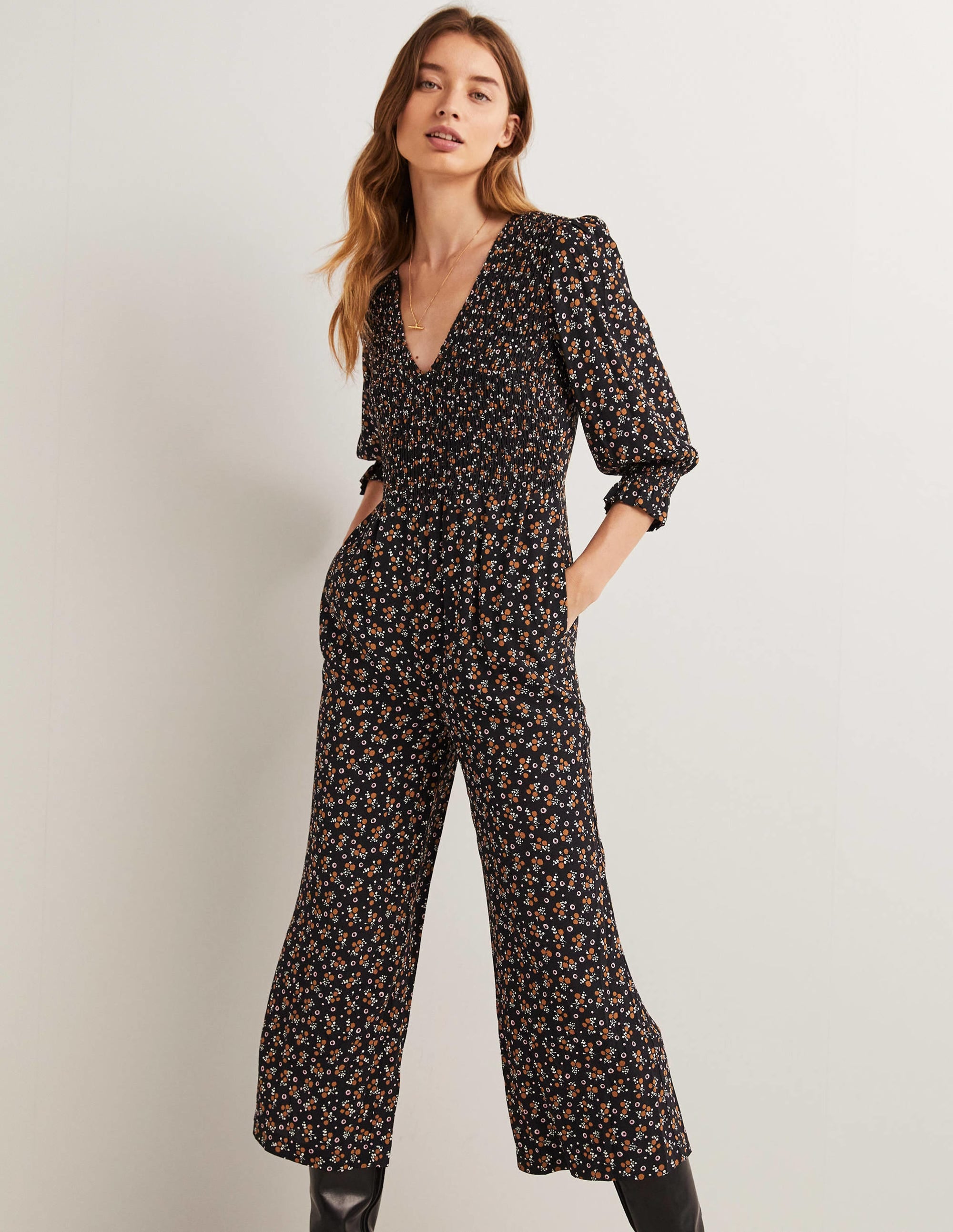 Smocked Bodice Jumpsuit-Black, Berry Sprig - Image 2