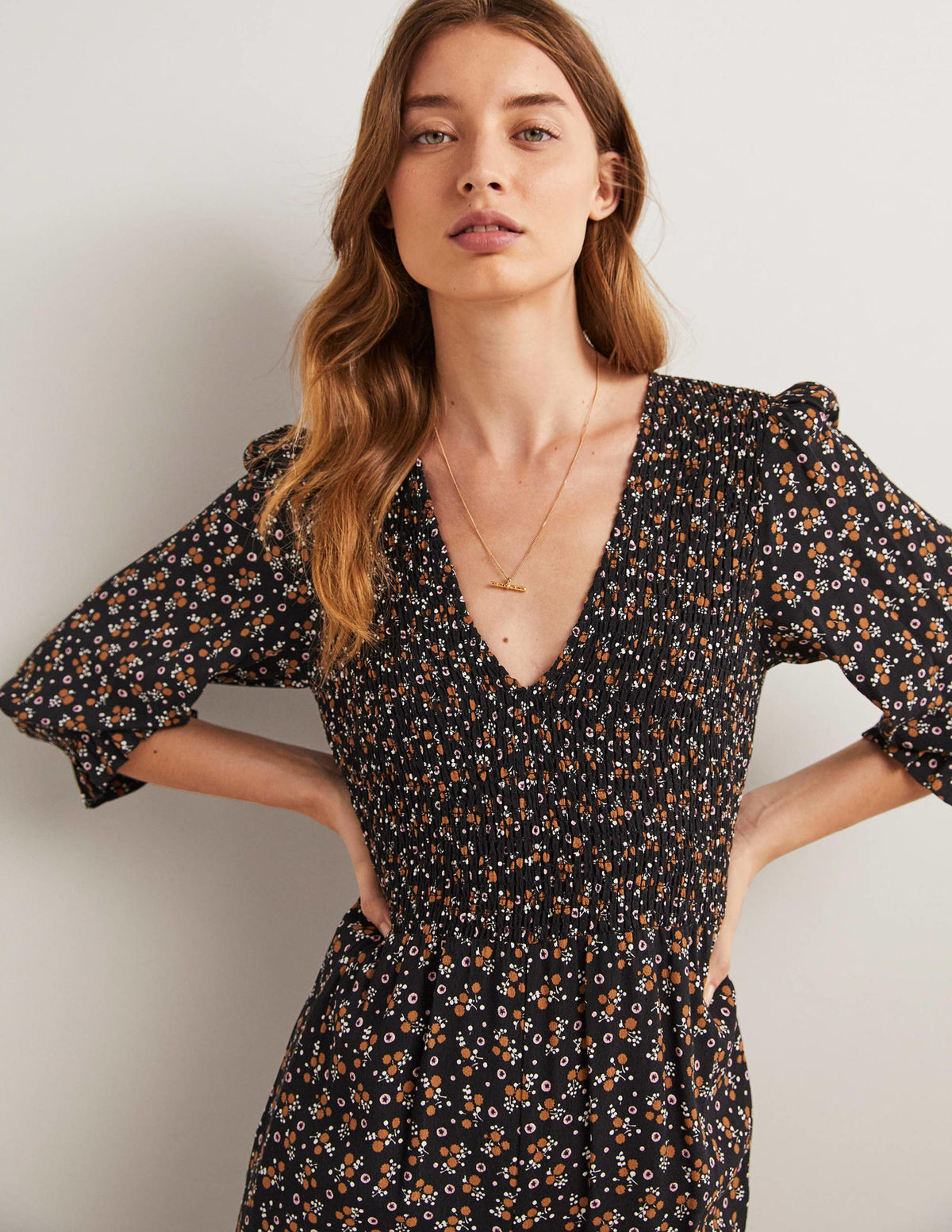 Smocked Bodice Jumpsuit-Black, Berry Sprig-3
