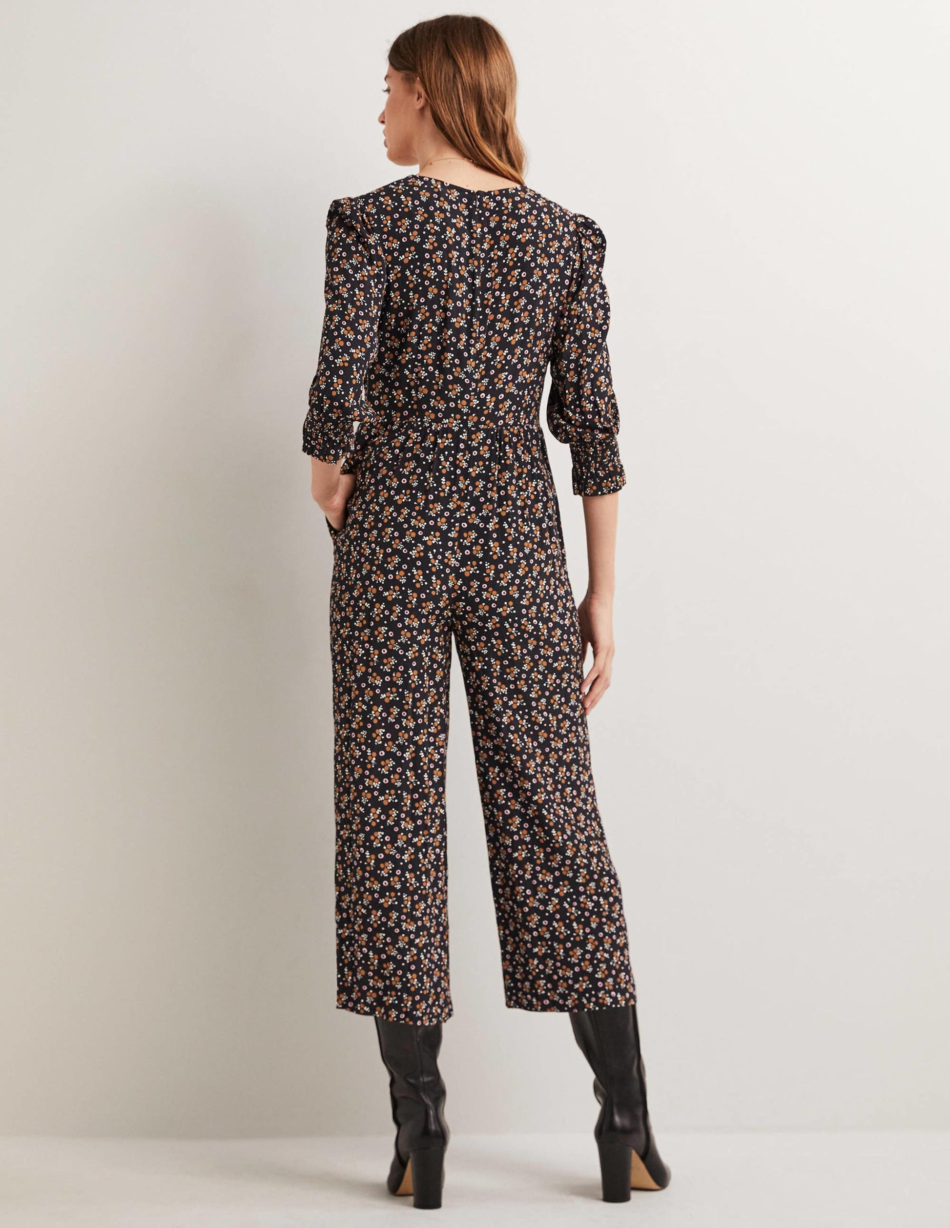 Smocked Bodice Jumpsuit-Black, Berry Sprig-4
