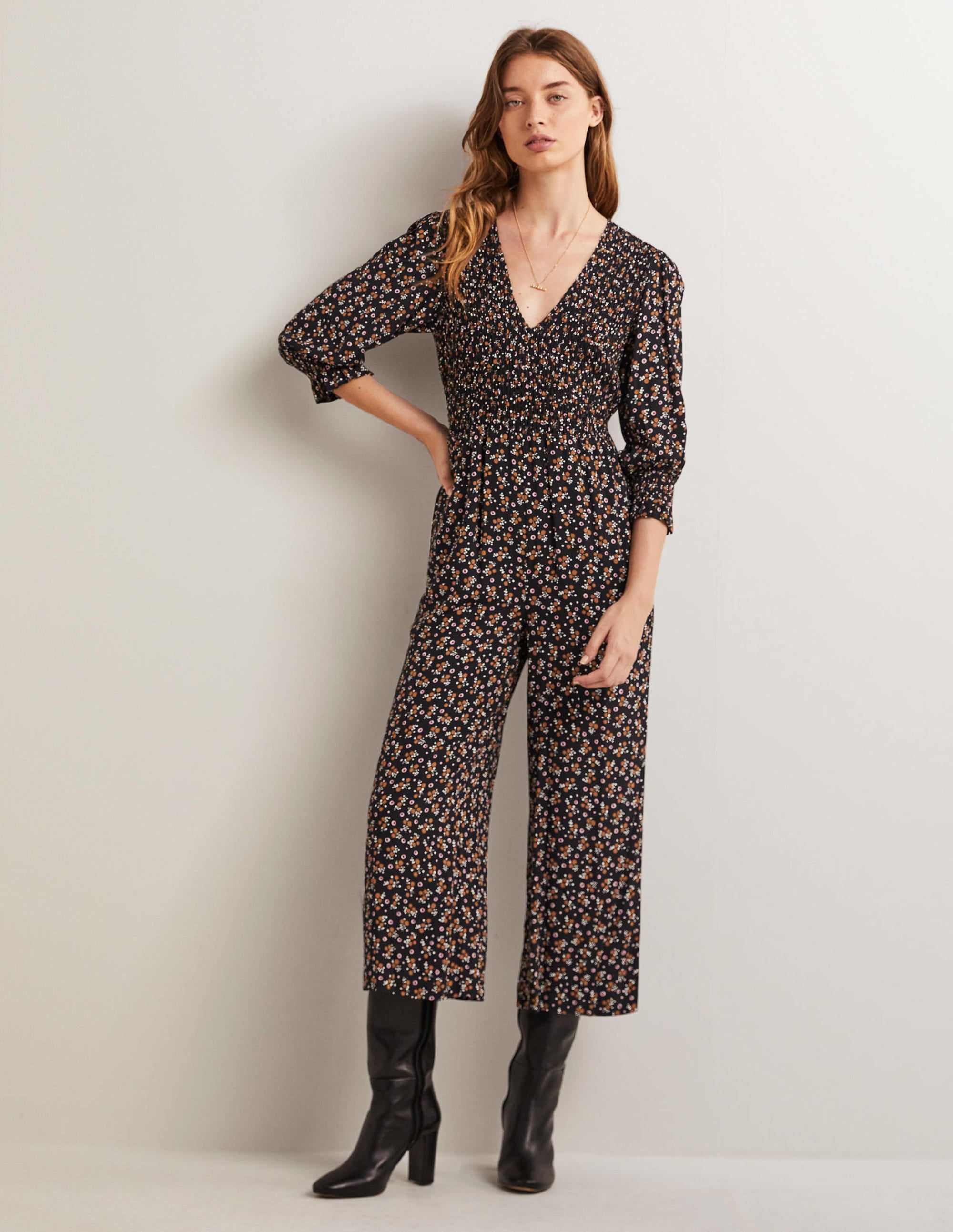Smocked Bodice Jumpsuit-Black, Berry Sprig - Image 5