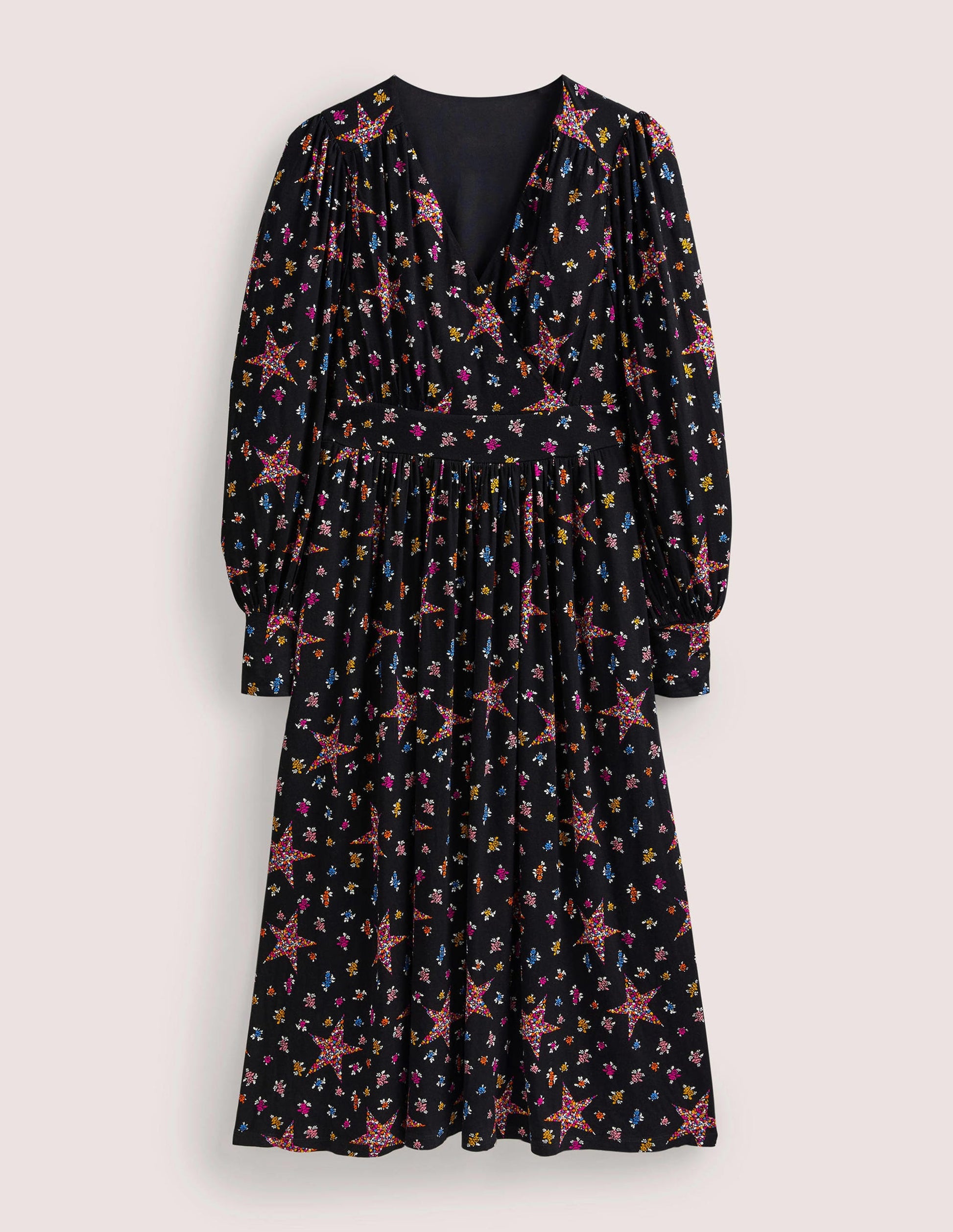 Fixed Wrap Jersey Midi Dress-Black, Star Floral-6