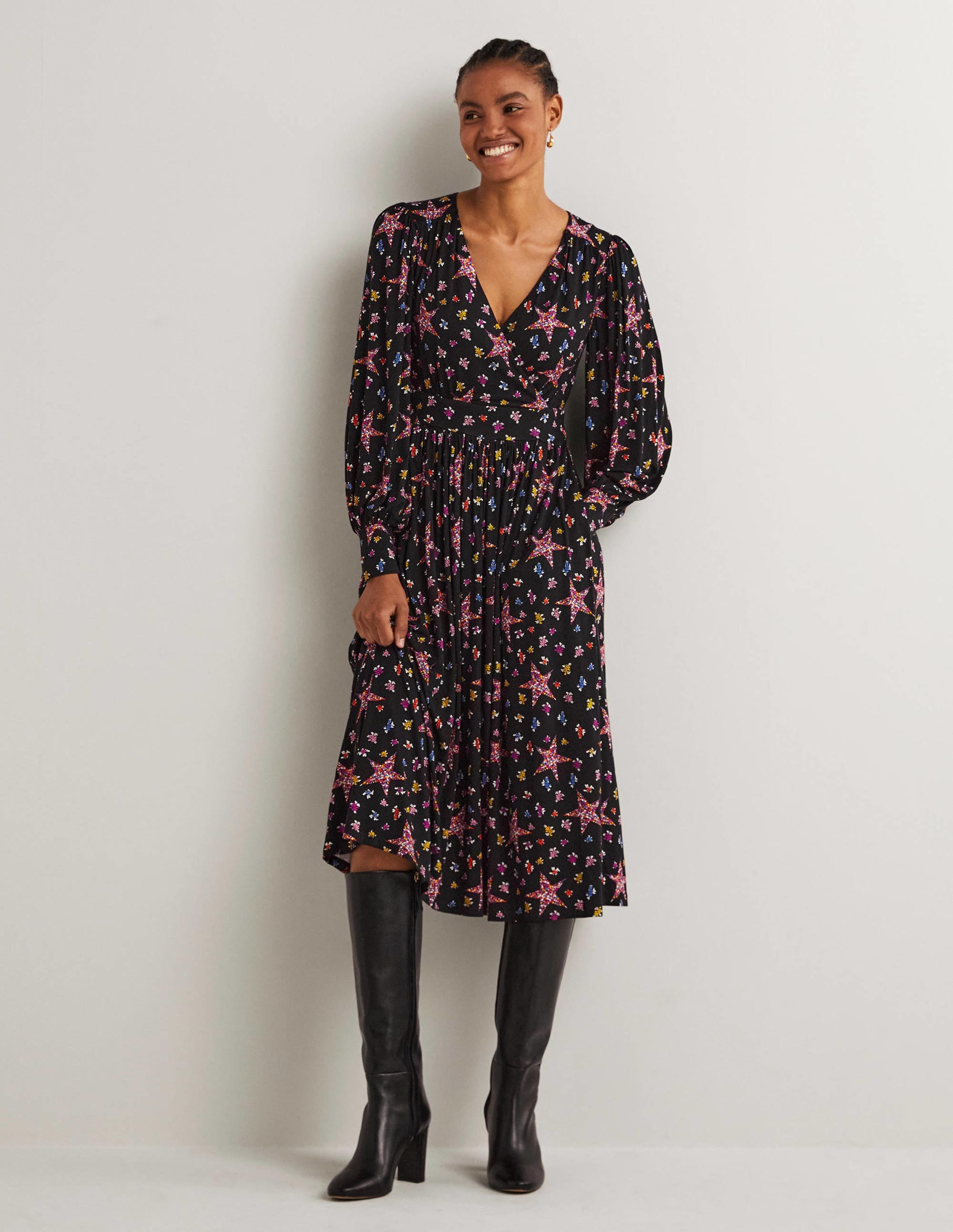 Fixed Wrap Jersey Midi Dress-Black, Star Floral - Image 1