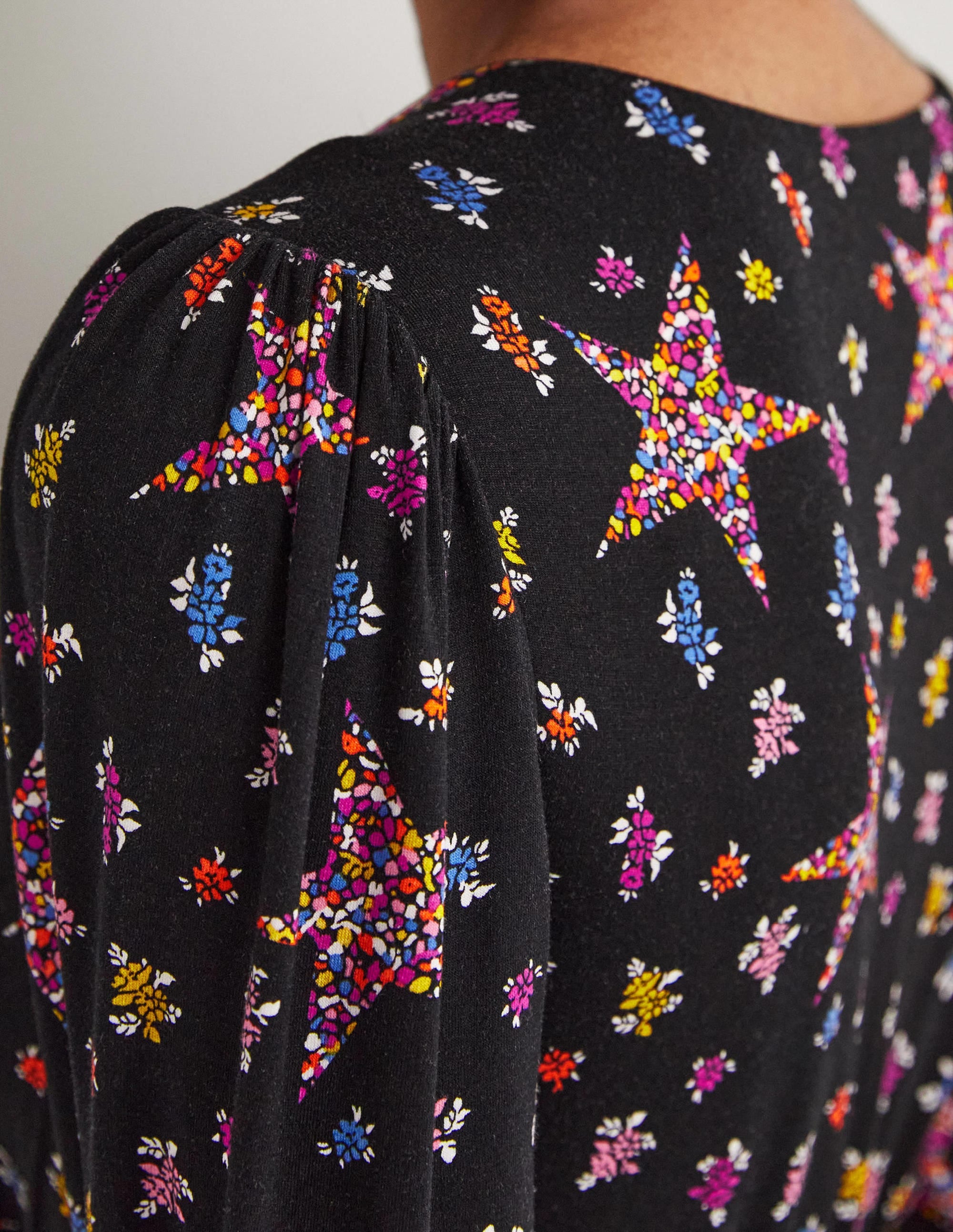 Fixed Wrap Jersey Midi Dress-Black, Star Floral - Image 2
