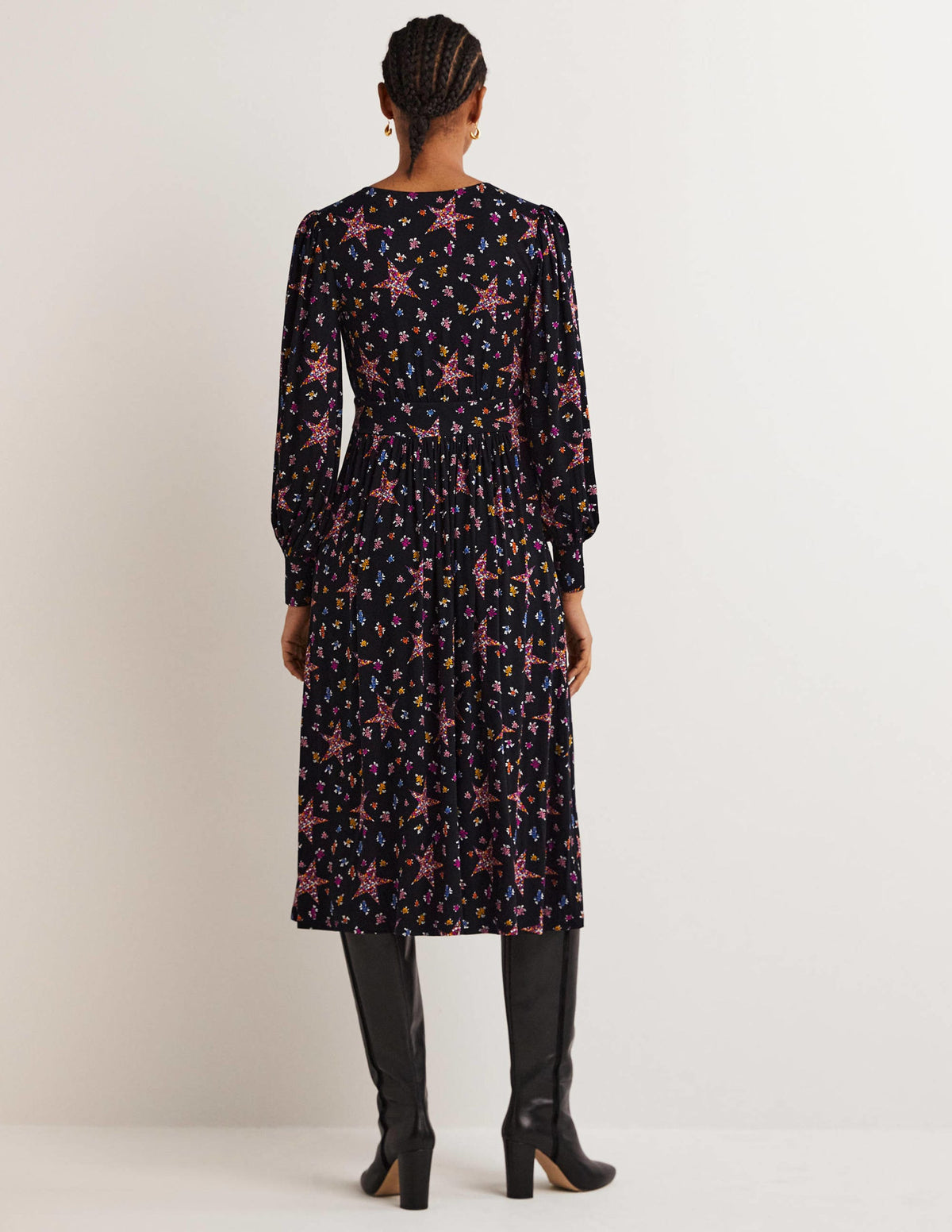 Fixed Wrap Jersey Midi Dress-Black, Star Floral-3