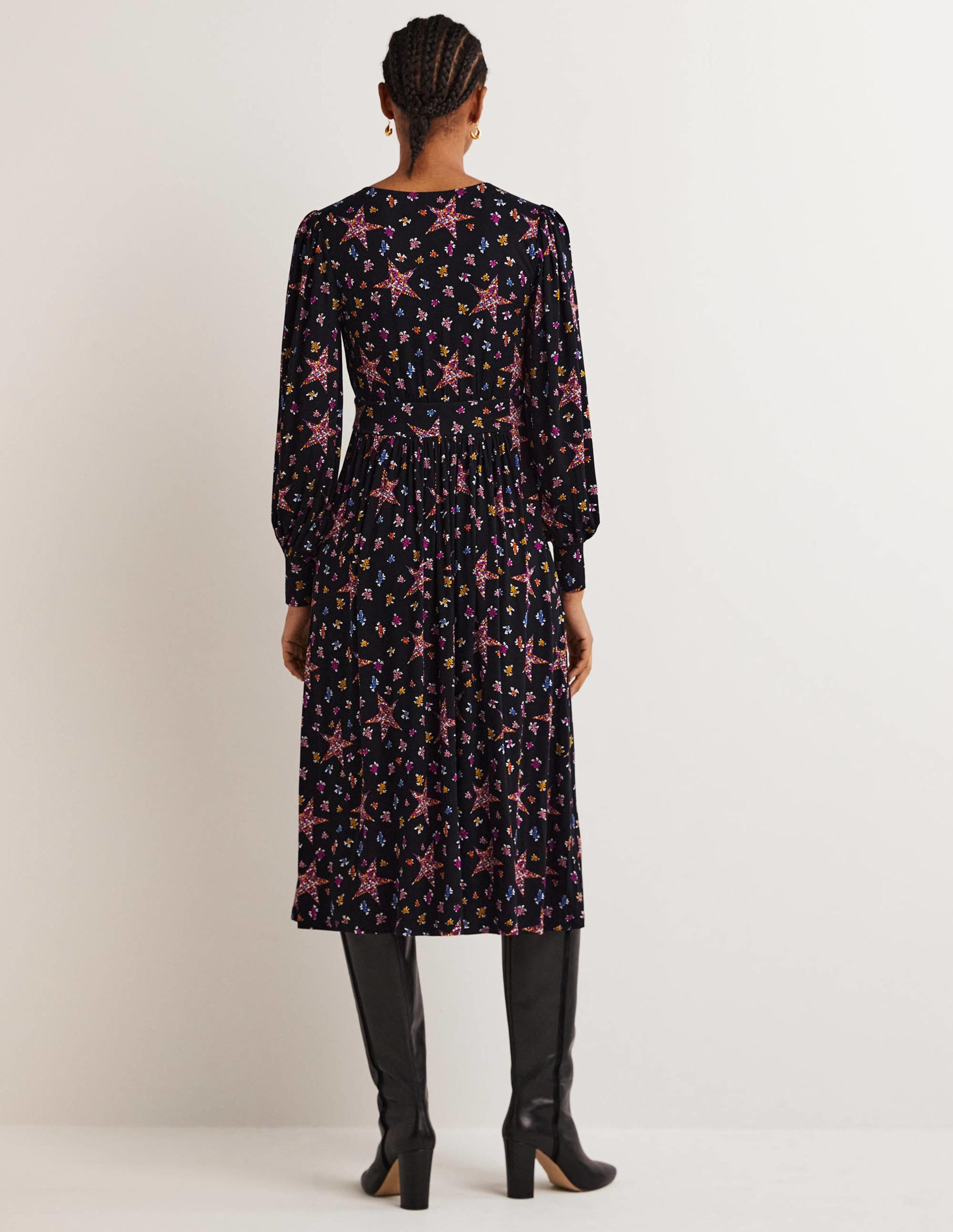 Fixed Wrap Jersey Midi Dress-Black, Star Floral - Image 3