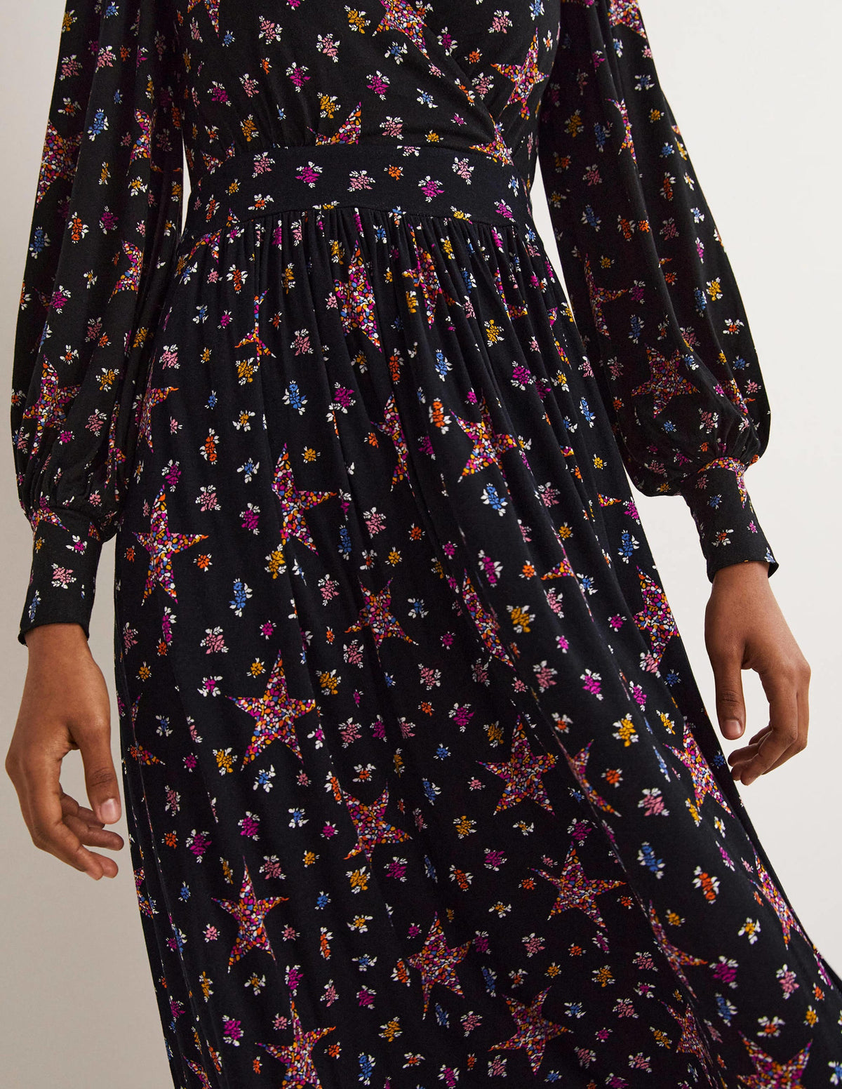 Fixed Wrap Jersey Midi Dress-Black, Star Floral-4