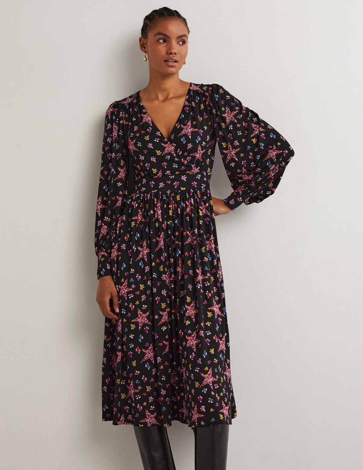 Fixed Wrap Jersey Midi Dress-Black, Star Floral - Image 5