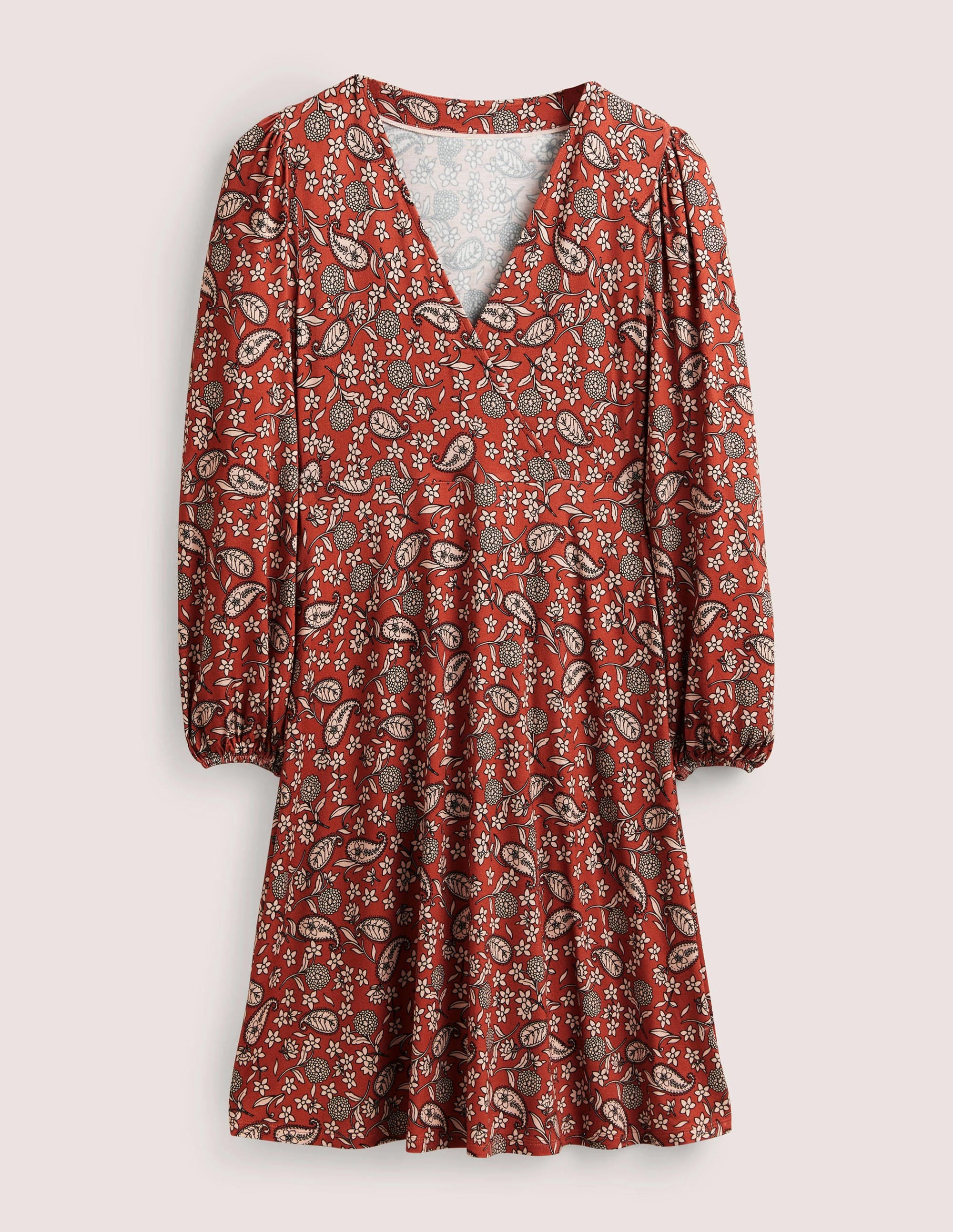 Easy Fixed Wrap Jersey Dress-Chili Oil, Flower Garden - Image 5