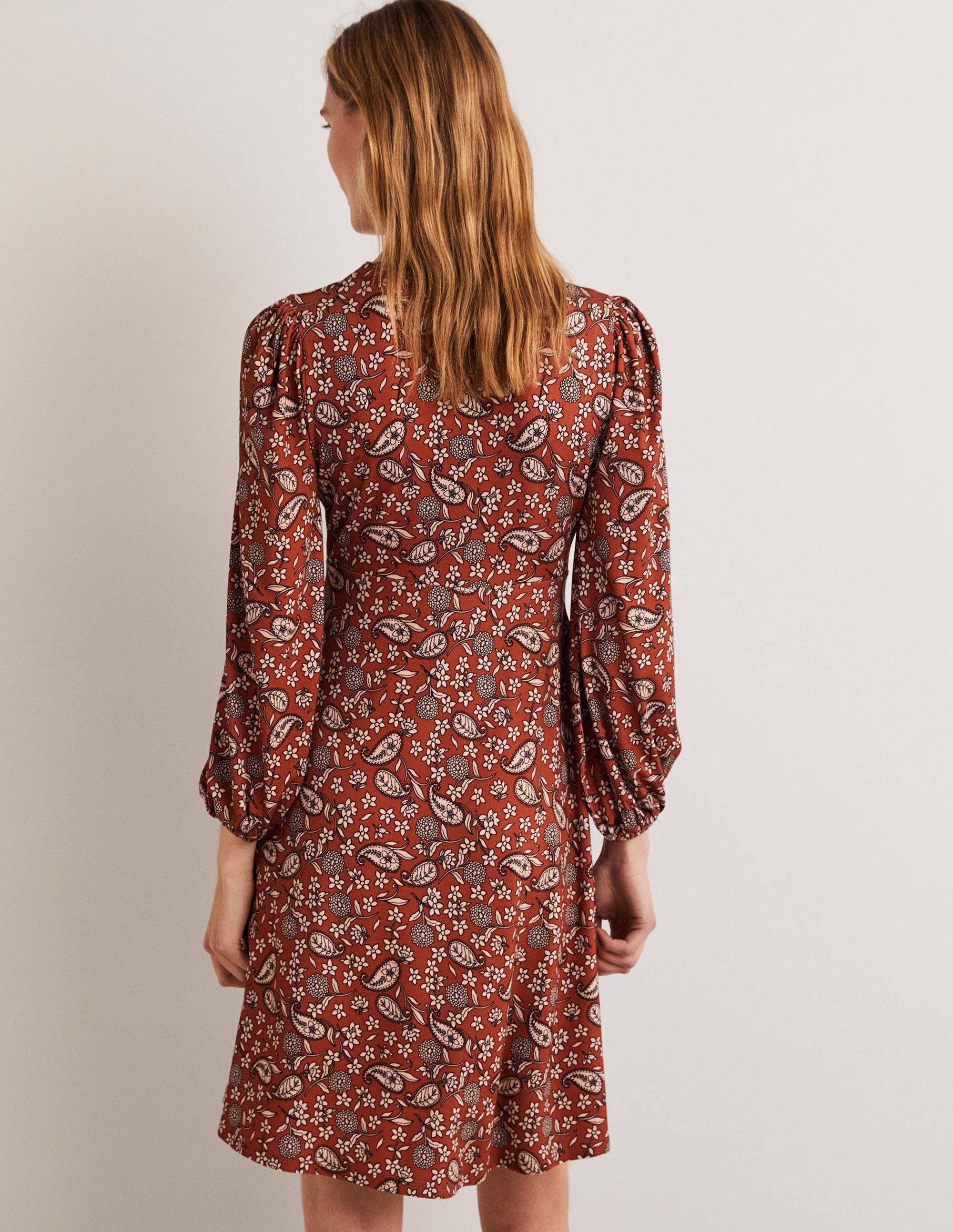 Easy Fixed Wrap Jersey Dress-Chili Oil, Flower Garden - Image 3