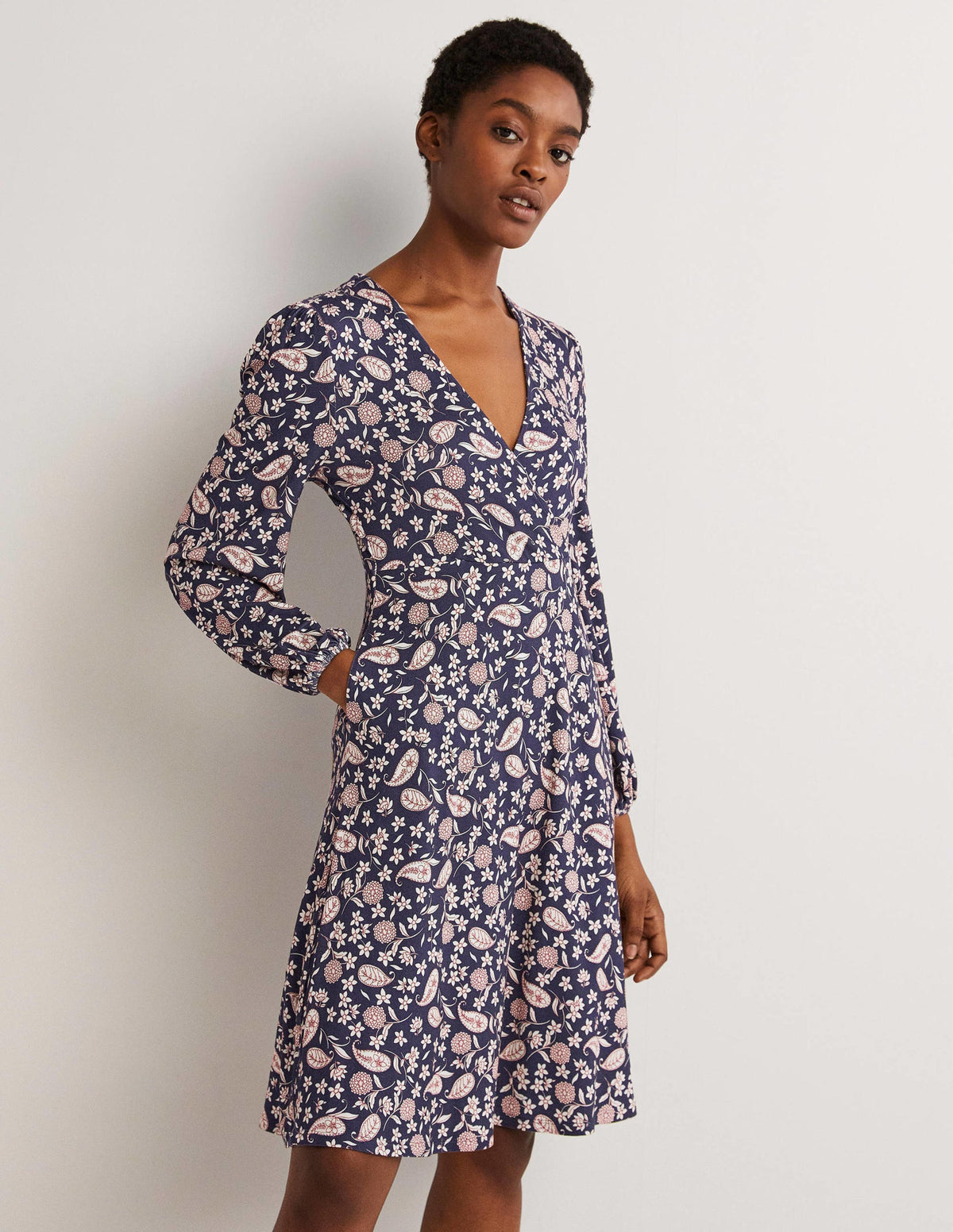 Easy Fixed Wrap Jersey Dress-French Navy, Flower Garden - Image 1