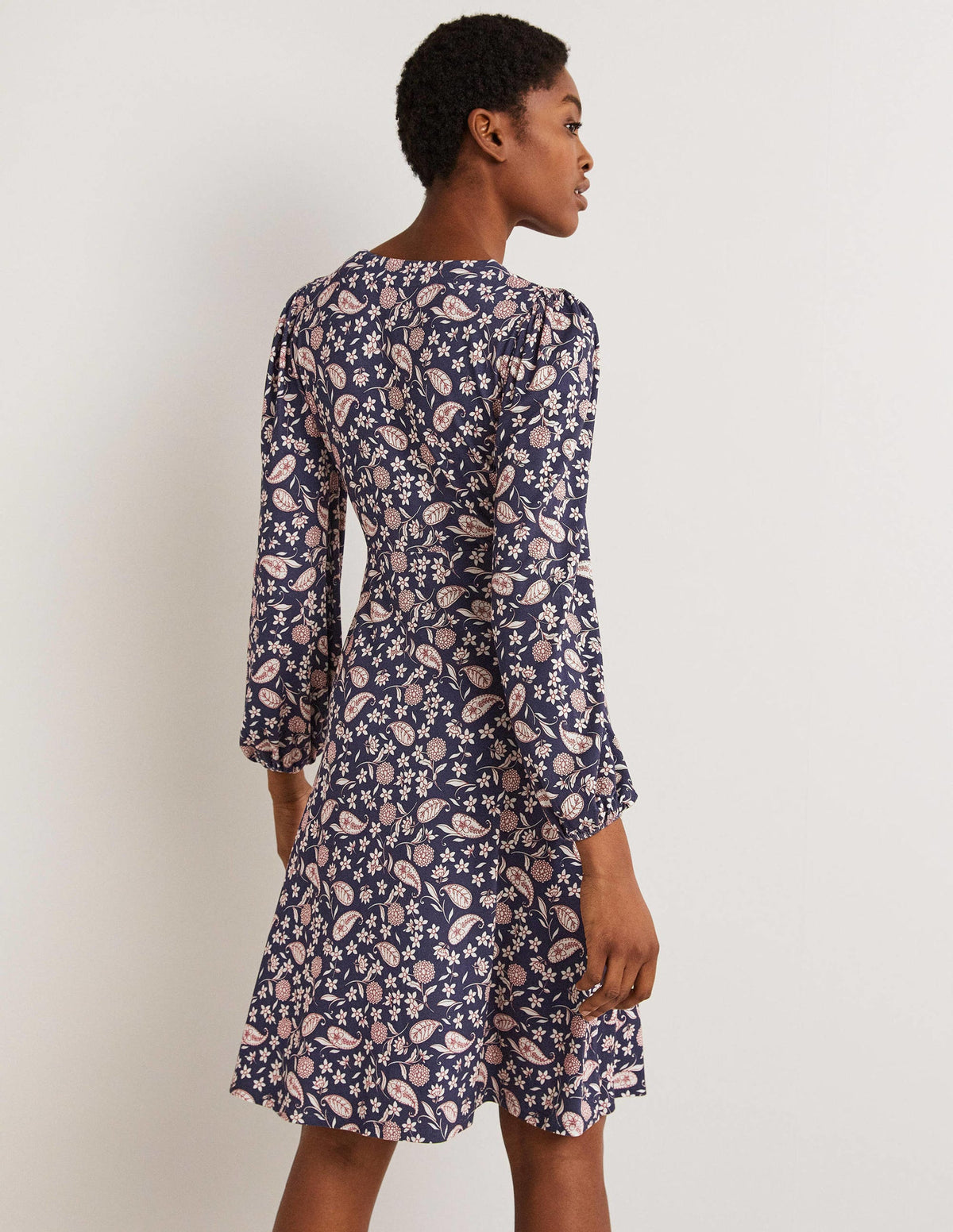 Easy Fixed Wrap Jersey Dress-French Navy, Flower Garden - Image 3