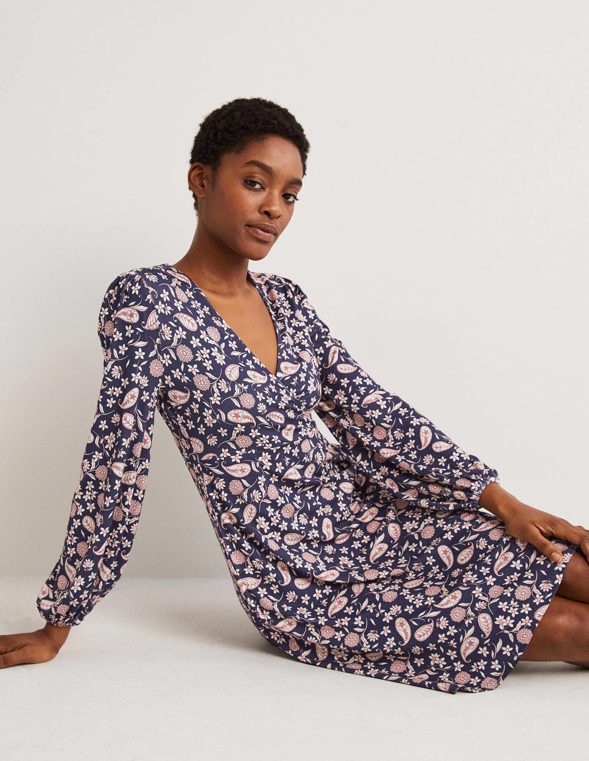 Easy Fixed Wrap Jersey Dress-French Navy, Flower Garden - Image 4