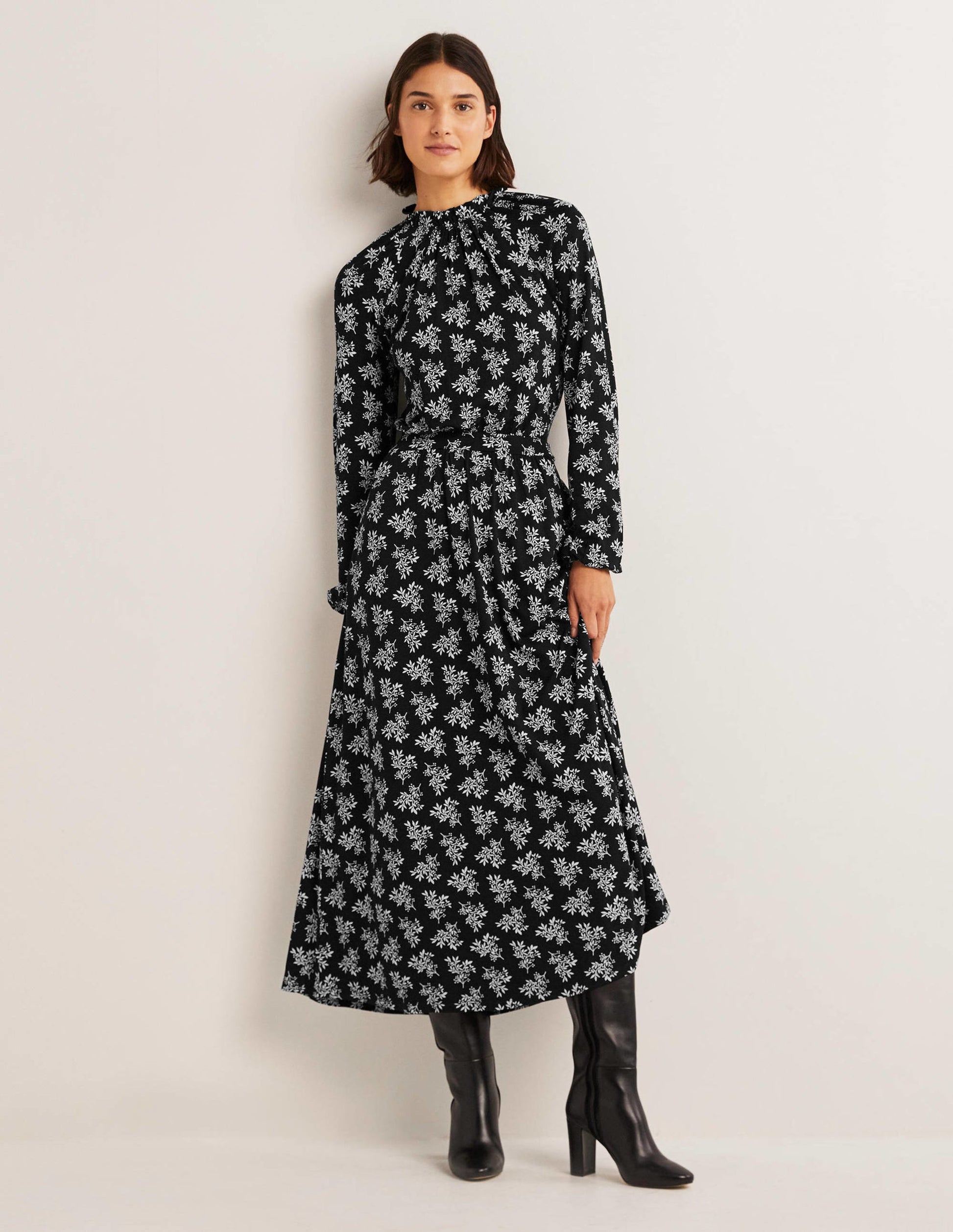 Ruffle Neck Jersey Midi Dress-Black, Pretty Blossom-1