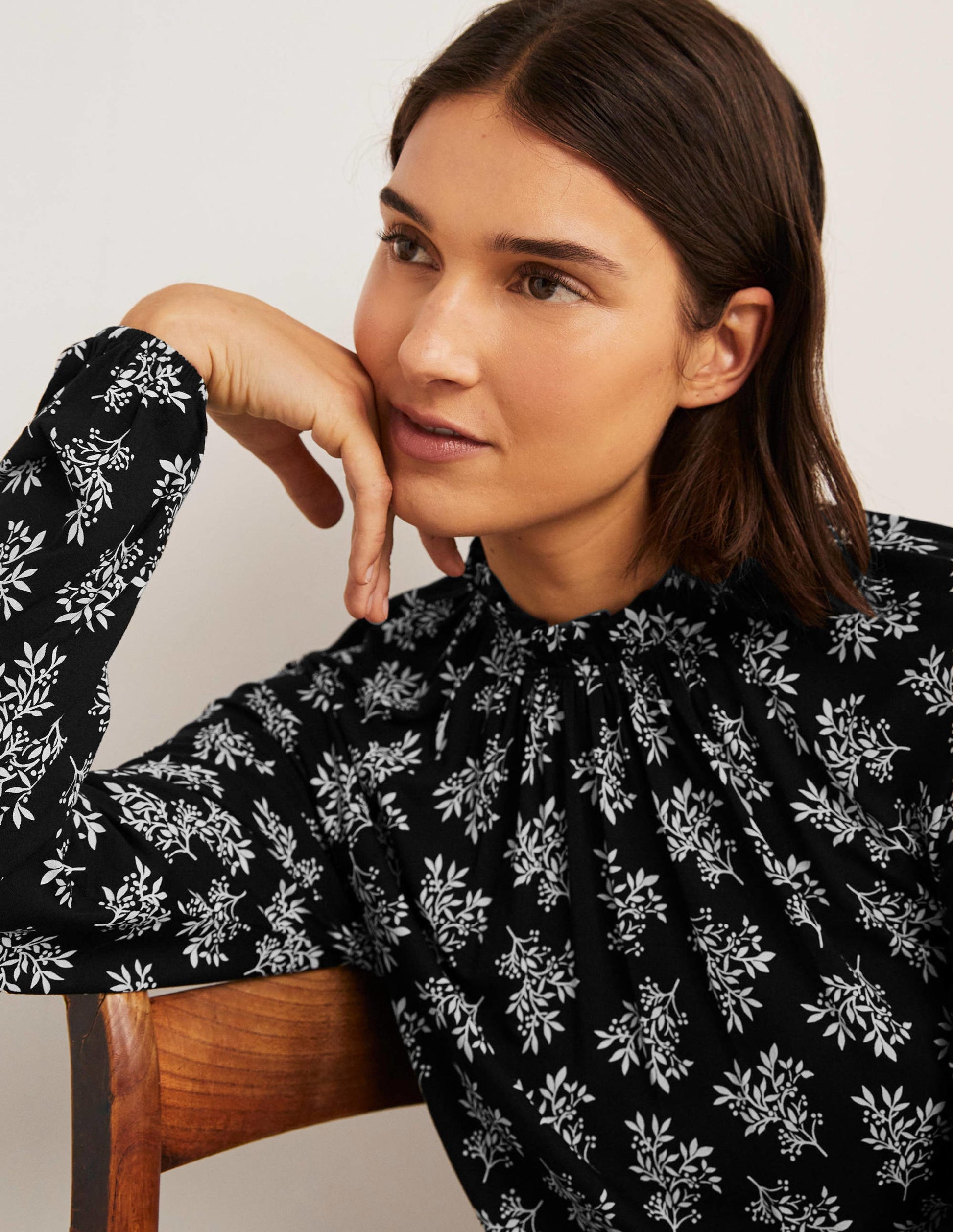 Ruffle Neck Jersey Midi Dress-Black, Pretty Blossom-2