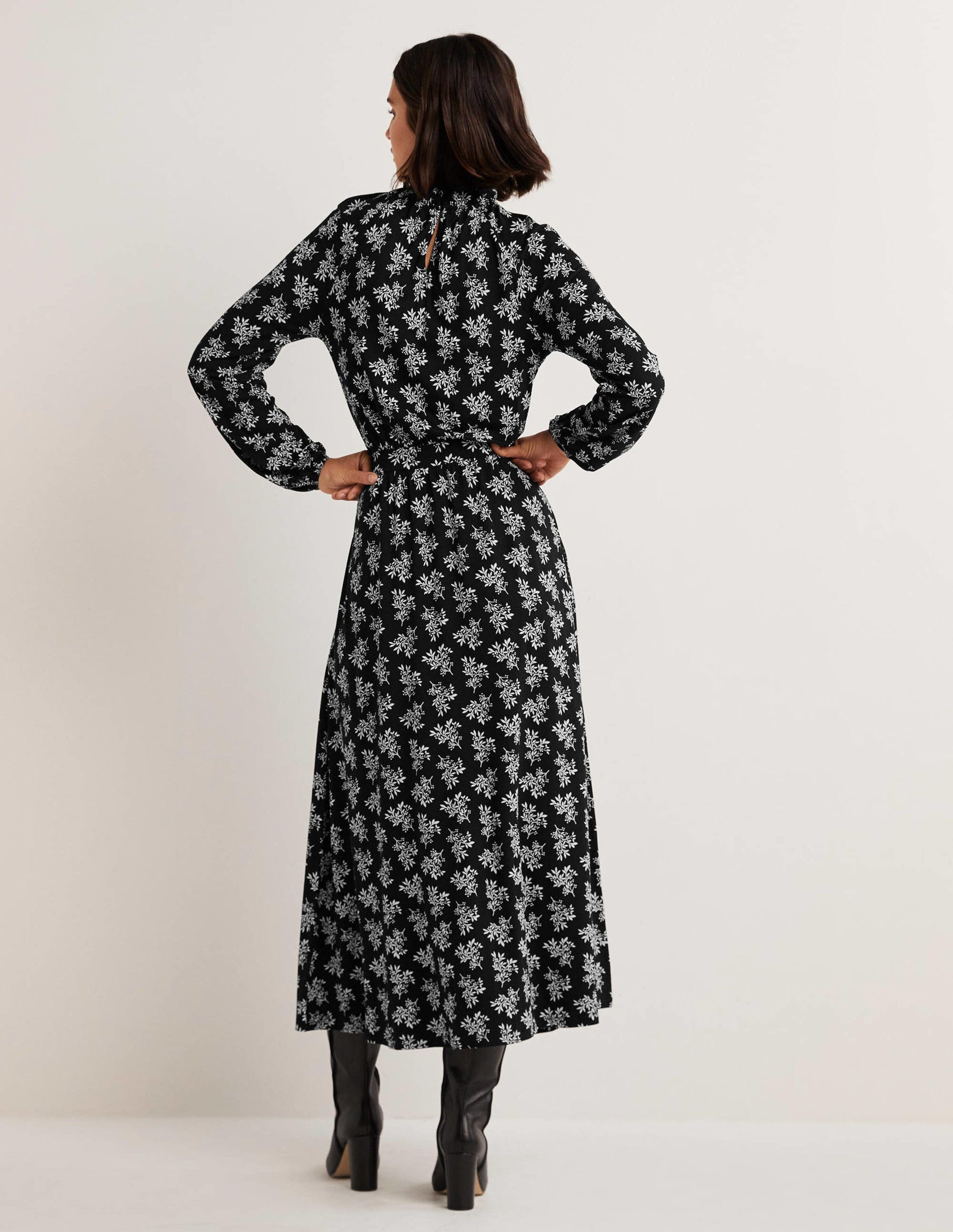 Ruffle Neck Jersey Midi Dress-Black, Pretty Blossom-3