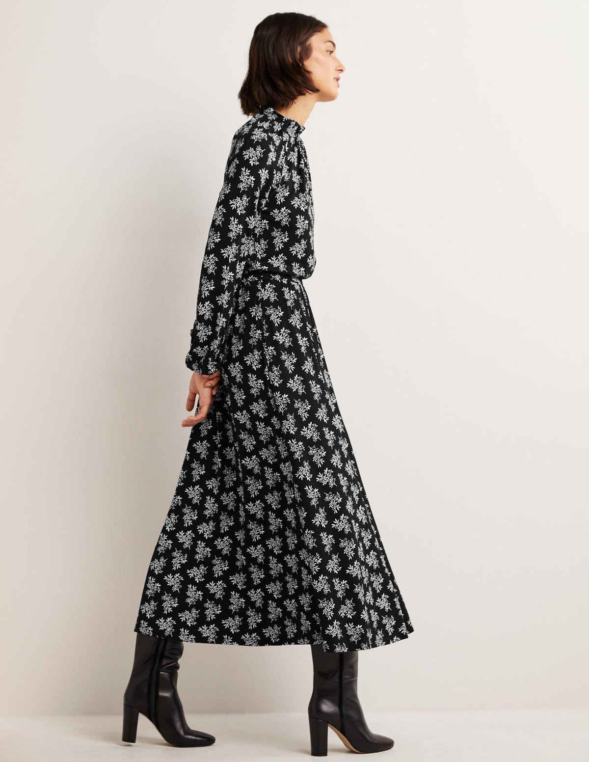 Ruffle Neck Jersey Midi Dress-Black, Pretty Blossom-4