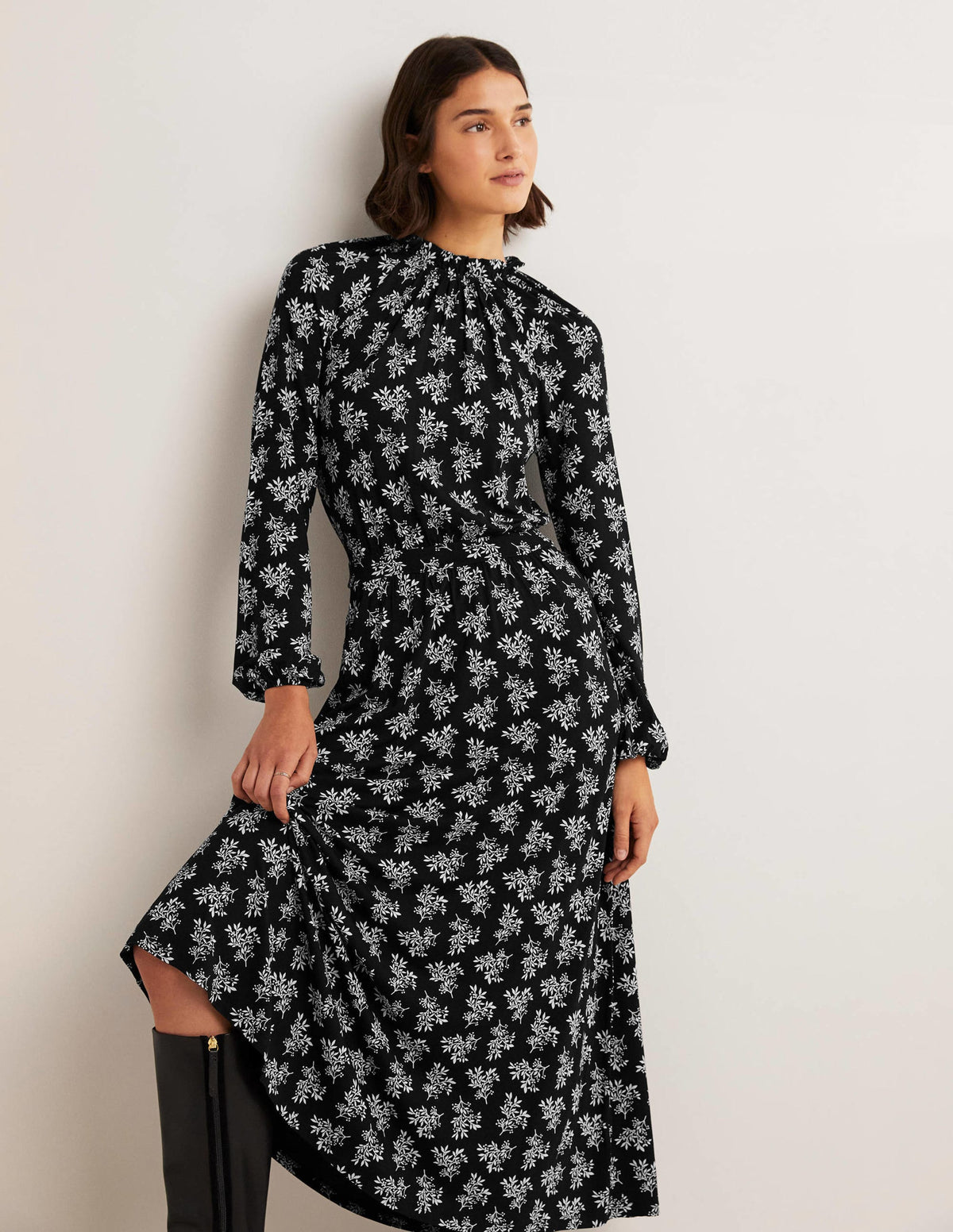 Ruffle Neck Jersey Midi Dress-Black, Pretty Blossom - Image 5