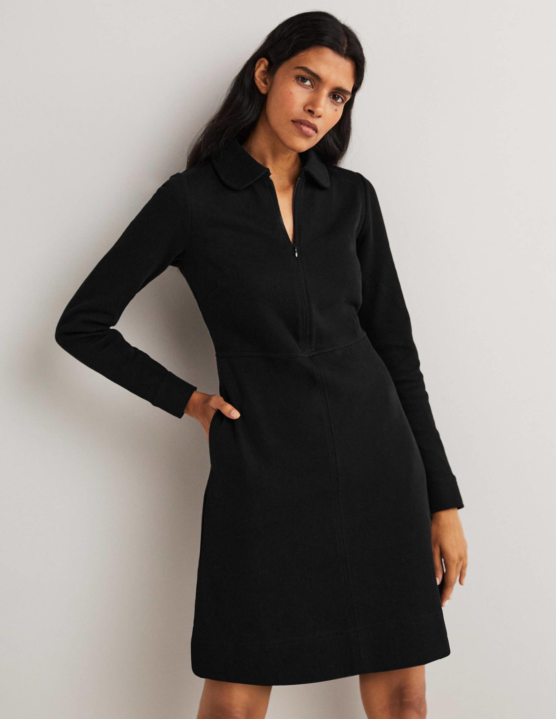 Zip Front Jersey Shift Dress-Black-4