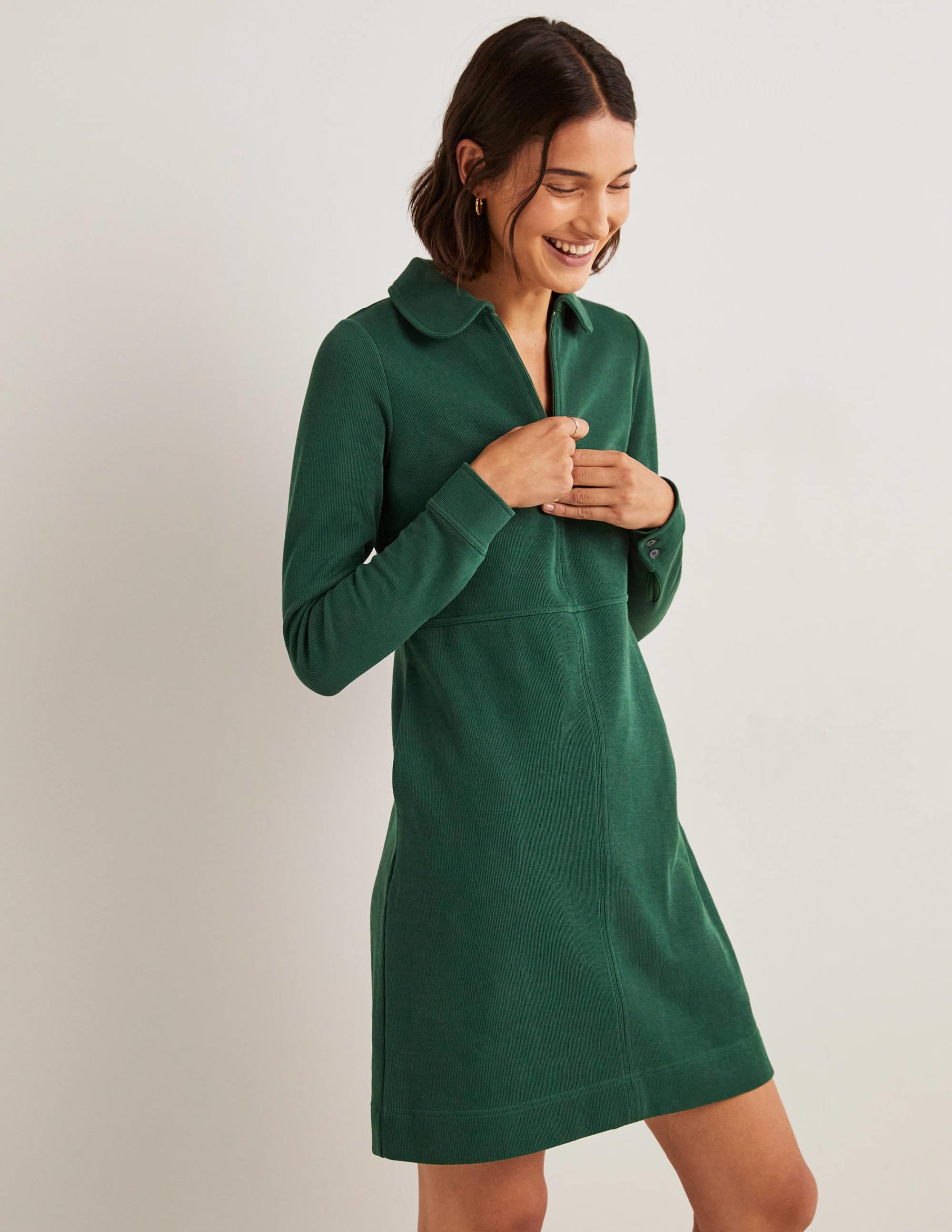 Zip Front Jersey Shift Dress-Hunter Green - Image 4