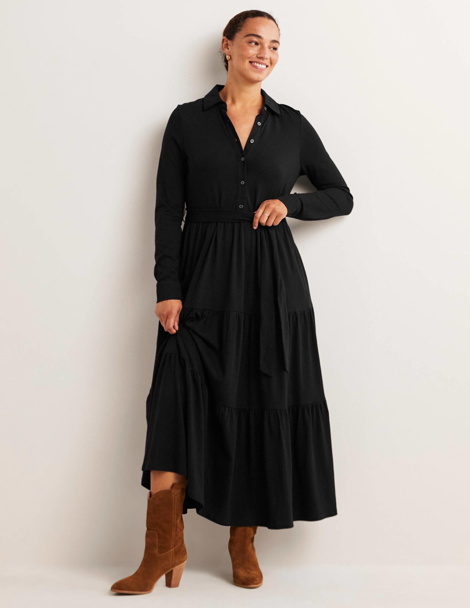 Tiered Jersey Maxi Shirt Dress-Black - Image 1