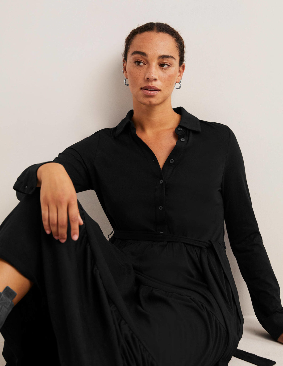 Tiered Jersey Maxi Shirt Dress-Black-4