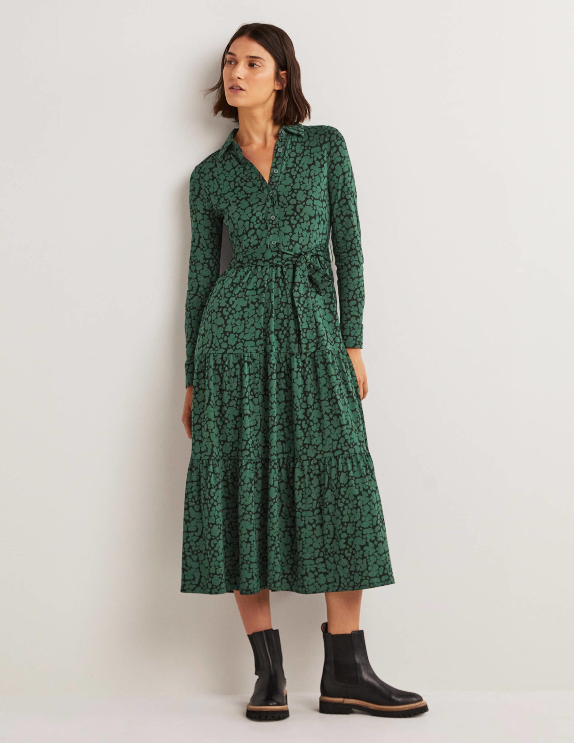 Tiered Jersey Maxi Shirt Dress-Hunter Green, Abstract Bud - Image 1