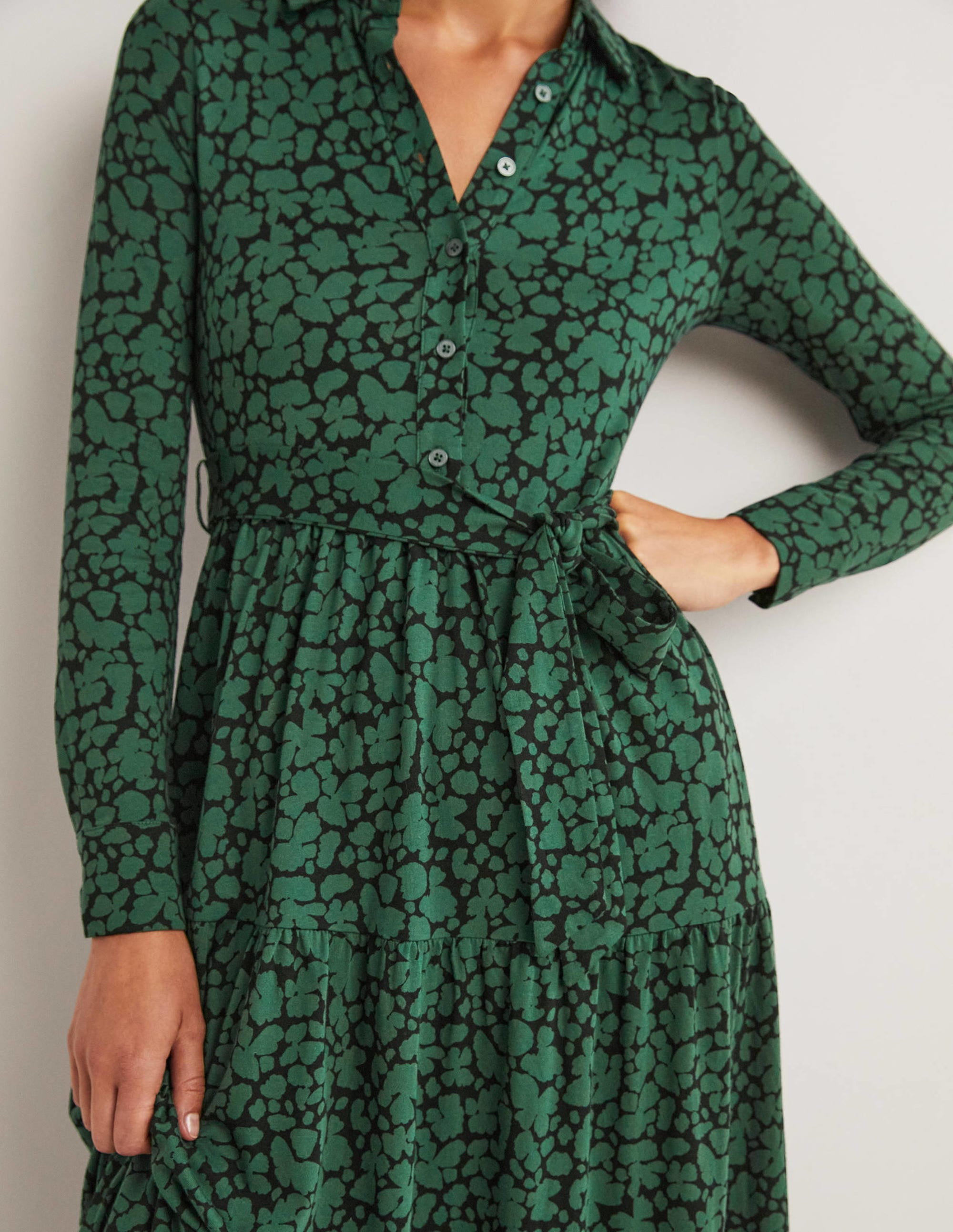 Tiered Jersey Maxi Shirt Dress-Hunter Green, Abstract Bud - Image 2