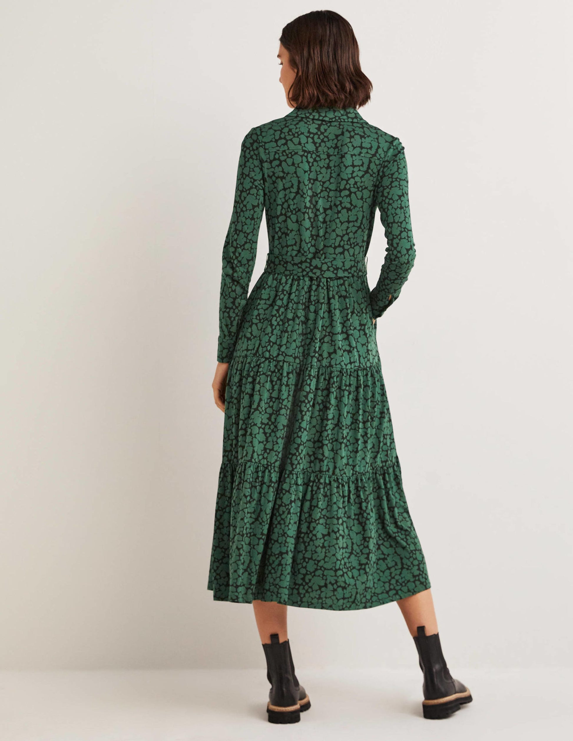 Tiered Jersey Maxi Shirt Dress-Hunter Green, Abstract Bud-3